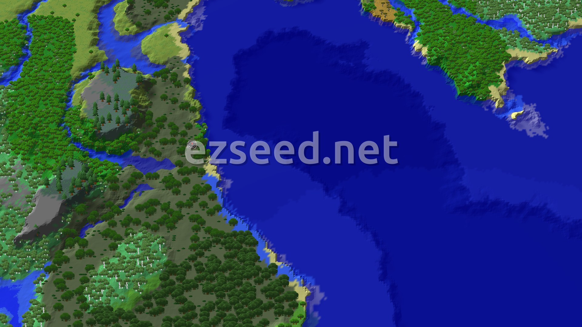 A wooded shoreline of swamp and forest drops to a wide dark-blue ocean, with a forested peninsula and rivers across the water.