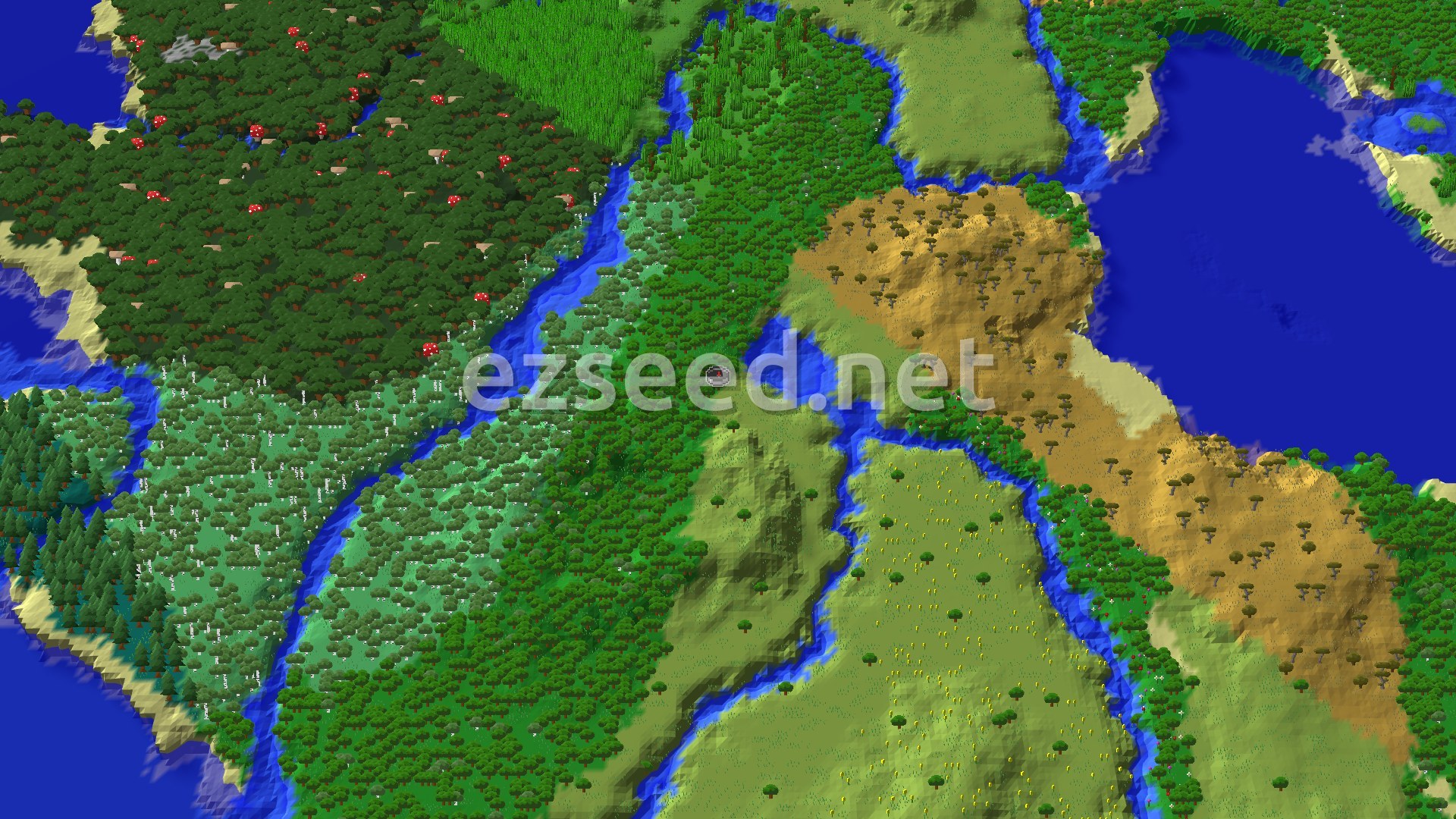 A 3D fly-over of forest, birch woods, plains and savanna split by winding rivers, with a large lake on the right edge.