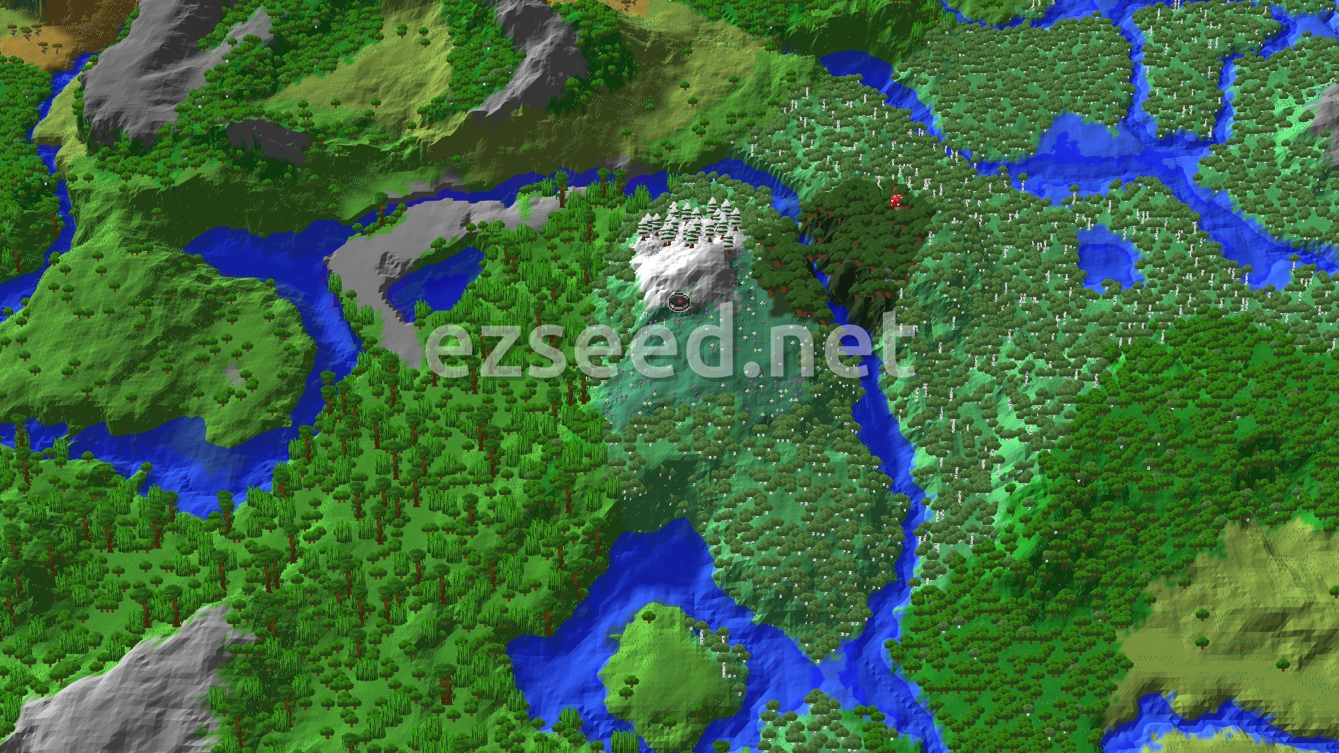 A snow-capped Meadow hill with spruce trees sits among dense birch and jungle forest, with rivers winding between green hills and grey rock ridges.