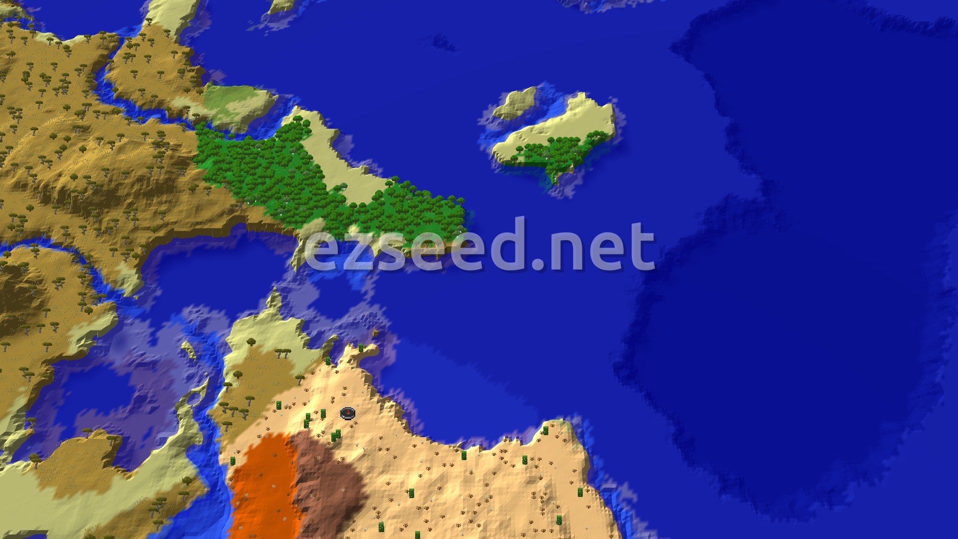 A sandy desert peninsula with cacti and orange badlands stone juts into open blue water, with a green forested headland and a small island beyond, and savanna hills on the left.