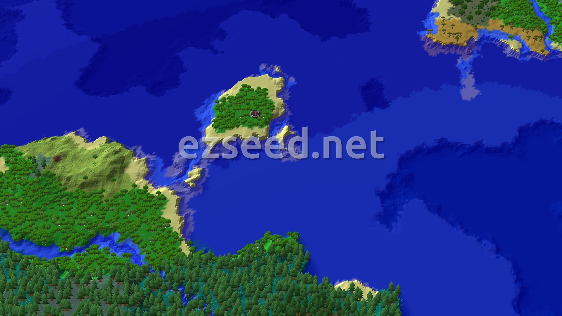 Aerial Minecraft seed map — Forest Island with a Zombie Village on a Taiga Hill