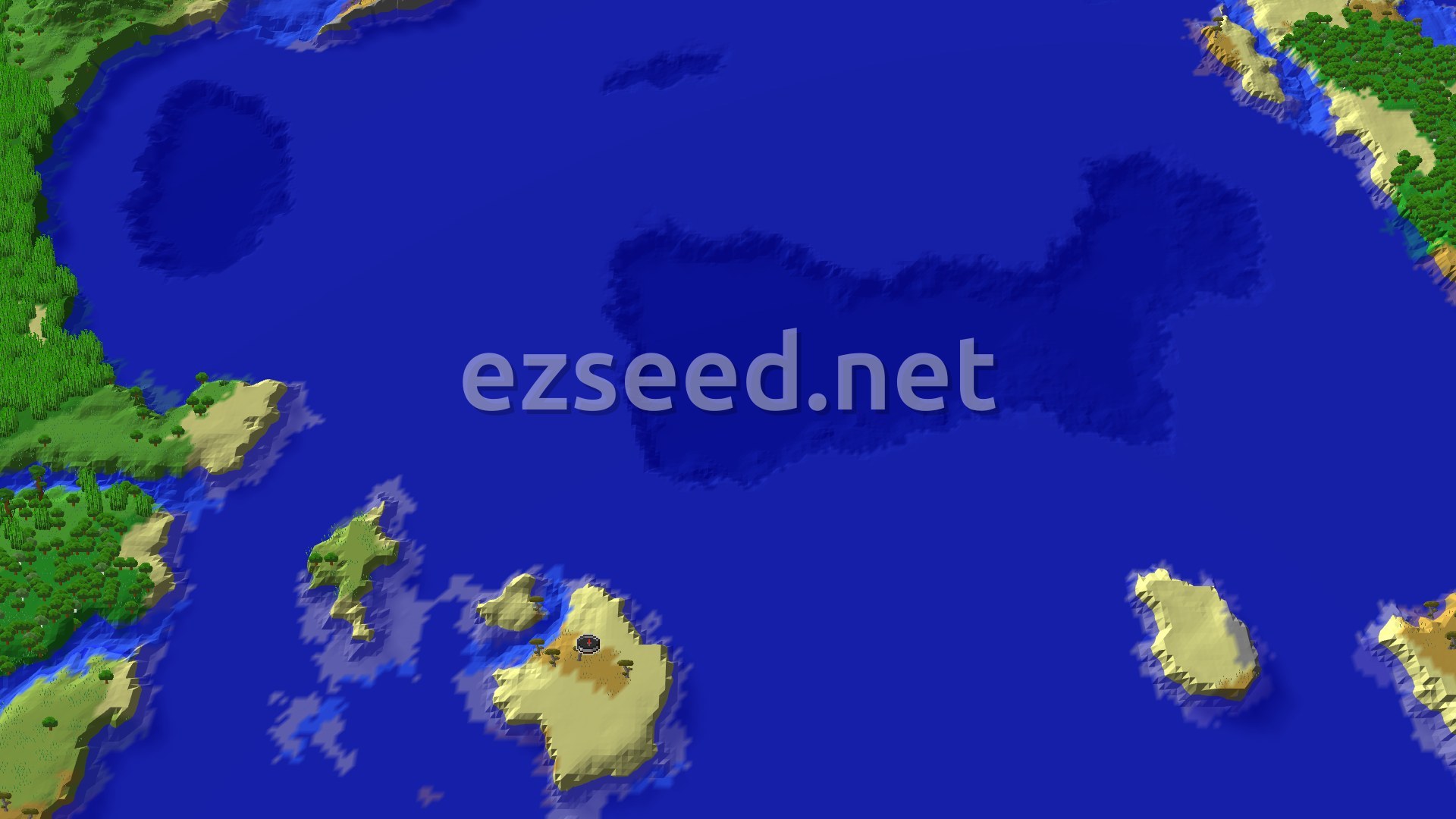 A fly-over of a small sandy island with a few flat-topped savanna trees, ringed by open lukewarm ocean and scattered islets, with jungle coast along the left and top right.