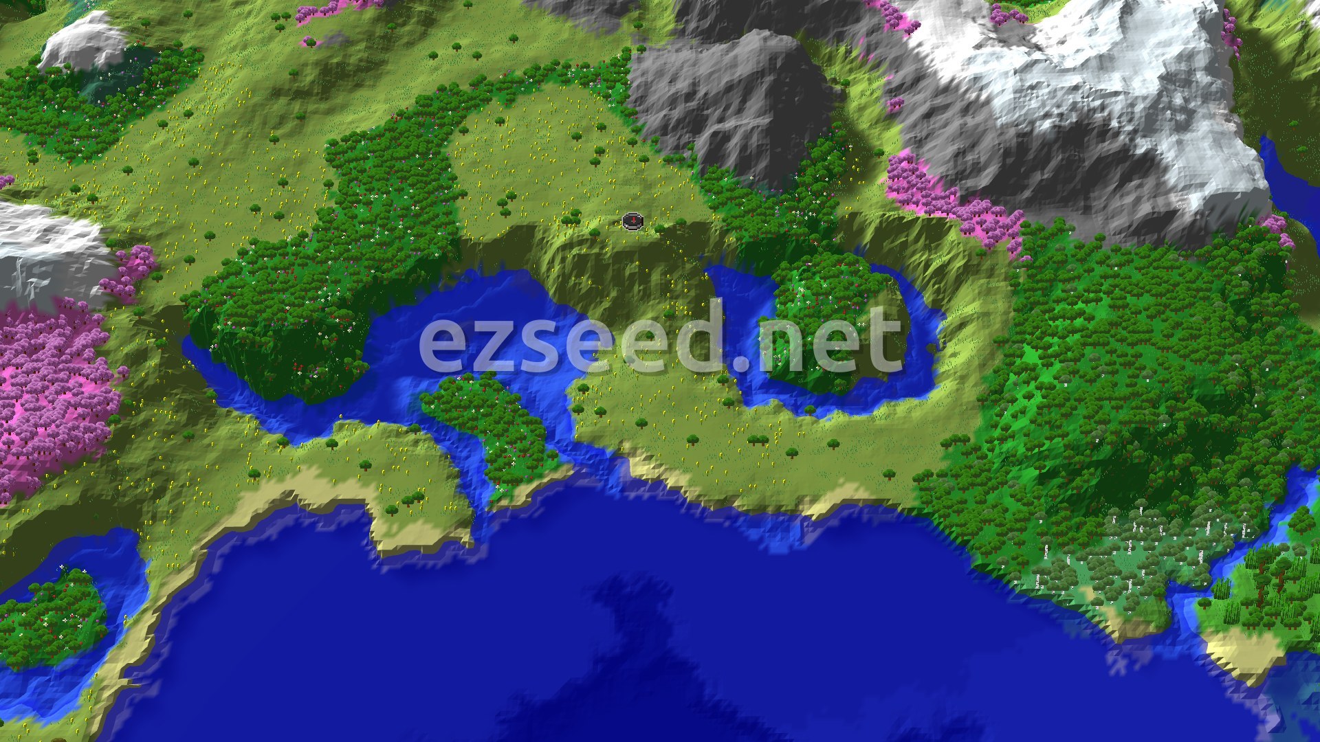 A grassy sunflower plain meets a wide blue bay, with dense green forest on the east and west, pink cherry trees at the left edge, and grey and snow-covered mountains rising at the top right.