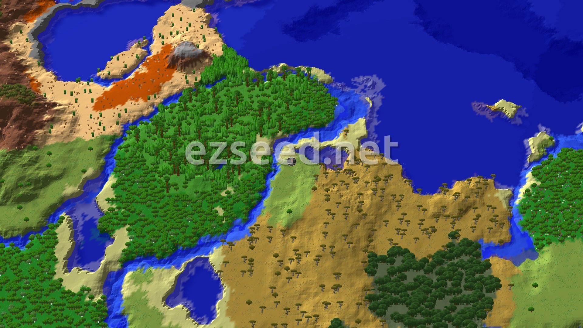A bright green jungle peninsula sits beside a wide blue bay, with tan savanna to the south and orange badlands and desert to the north-west.