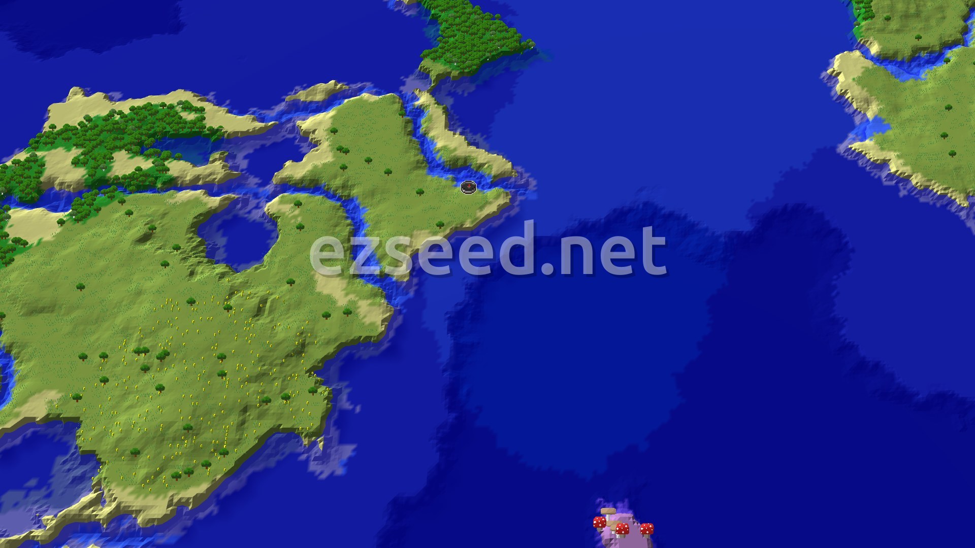 Green plains and sandy beaches on a large island, with a dense forest patch to the north-west and cold blue ocean wrapping around, a small mushroom island at the bottom edge.