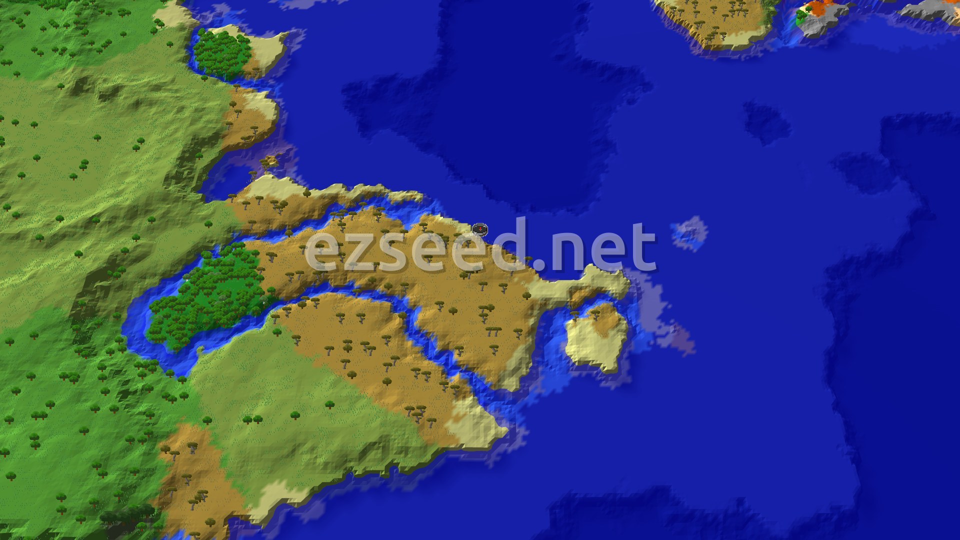 A savanna peninsula of acacia trees and tan terrain pushes into deep blue ocean, with green plains and forest rising along the western edge.