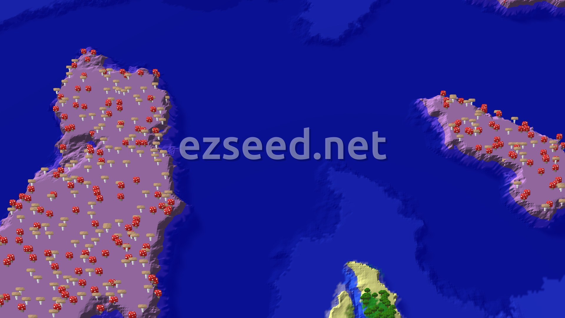 Aerial view of deep blue ocean with two purple mycelium islands covered in red and brown mushrooms, and a small sandy beach with a few green trees at the bottom edge.