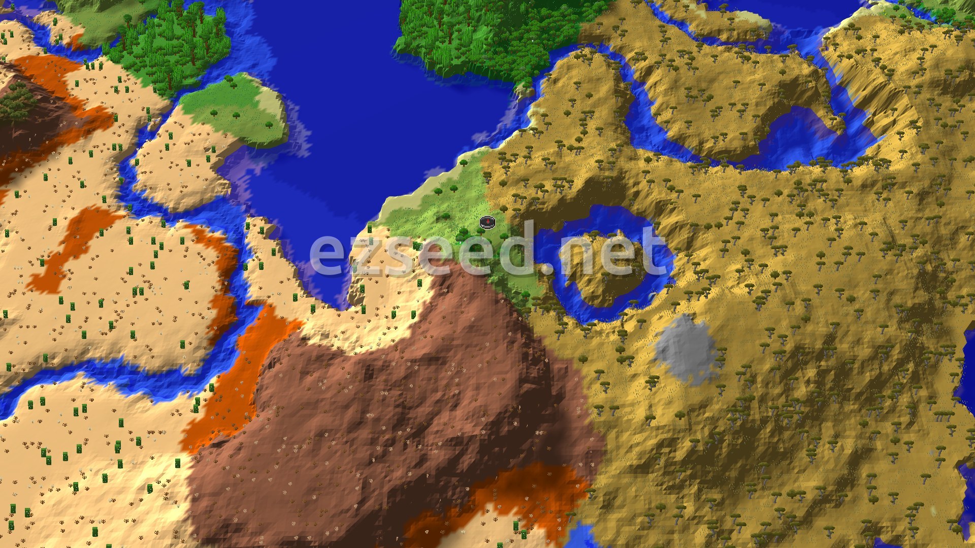 An aerial view of a varied landscape featuring a central plains biome bordered by savannas, deserts, and a large body of water, with a brown eroded badlands biome in the foreground.