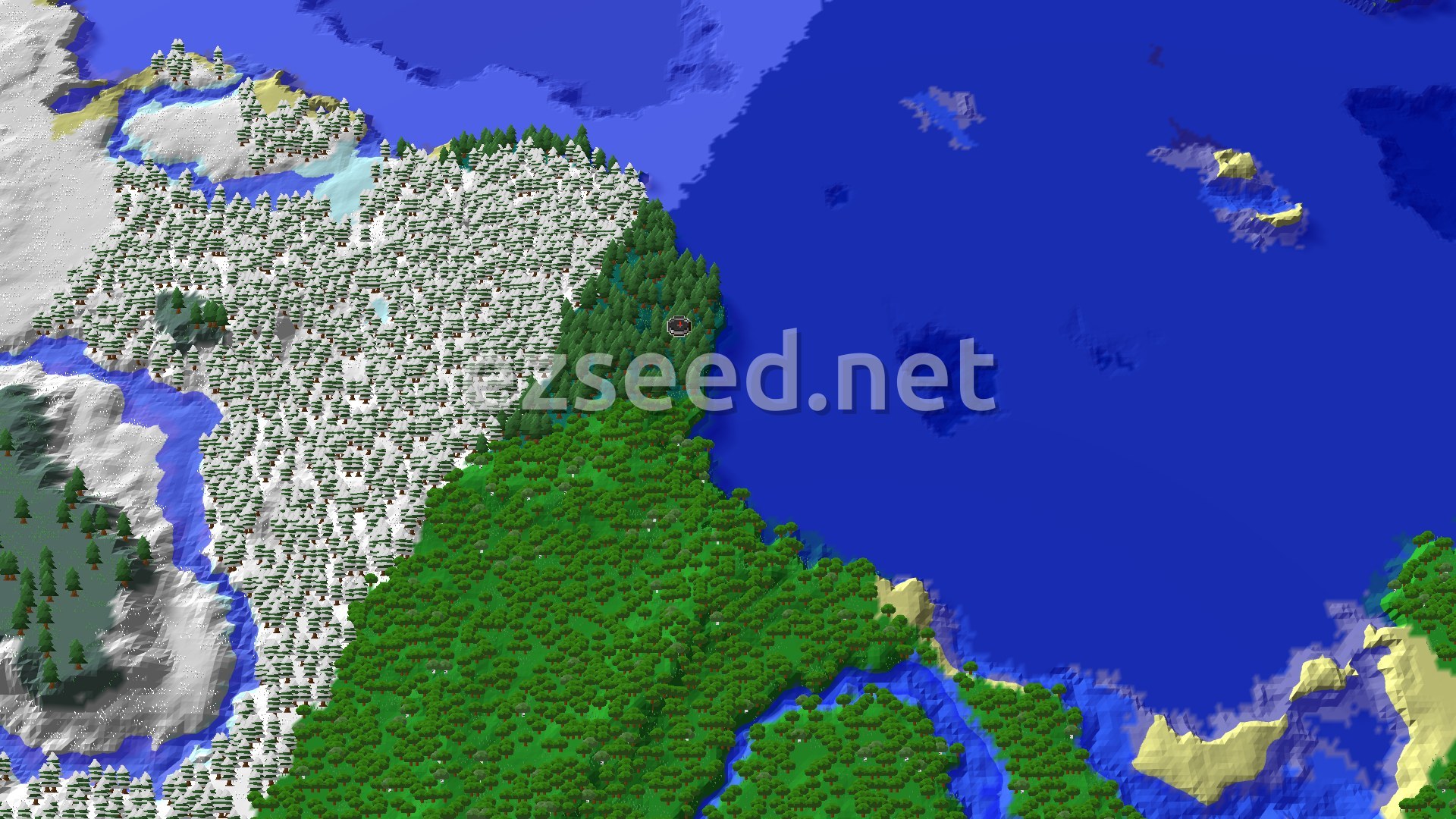A fly-over of a green taiga shoreline with a snow-dusted pine forest to the west, oak forest to the south and a wide blue ocean to the east.