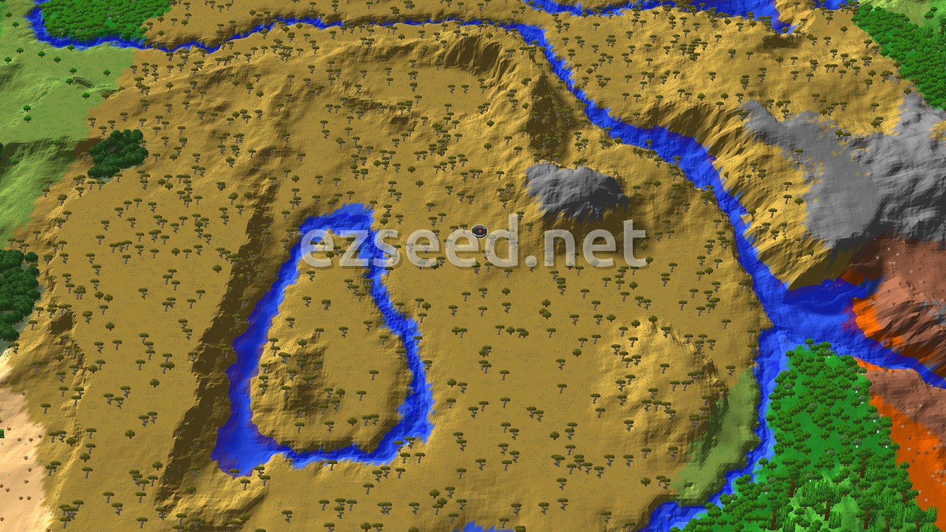 Flat savanna dotted with acacia trees, a river looping around a low hill, with grey stone, badlands and green forest at the edges.