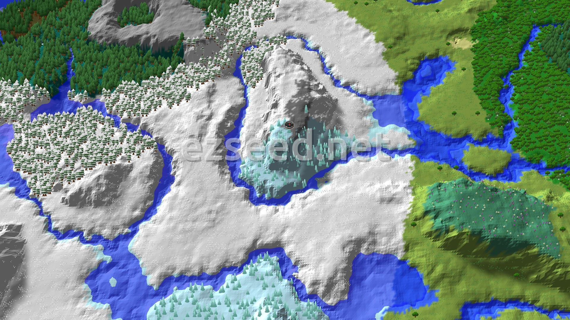 Aerial view of a pale ice spike patch and snowy plains split by frozen rivers, with green plains and dense spruce forest at the edges.
