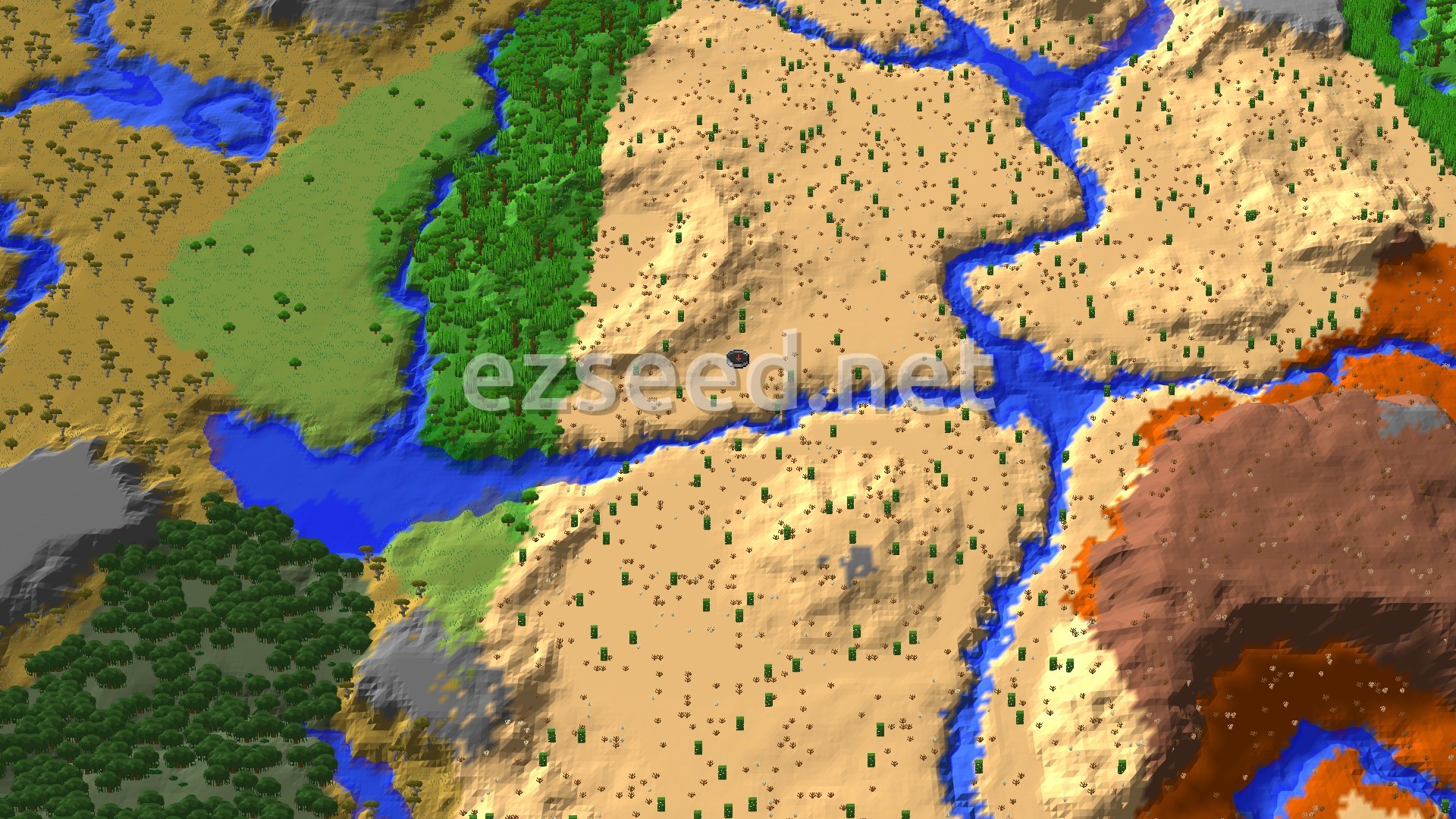 An aerial view shows a desert environment crisscrossed by rivers, with patches of jungle, forest, and savanna. A small spawn marker is visible near the center.