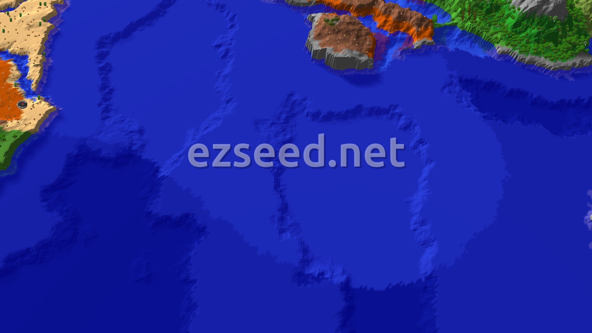 A pale desert coast with orange terracotta at the left edge, a brown badlands islet and green jungle at the top, and a wide stretch of deep blue ocean between them.