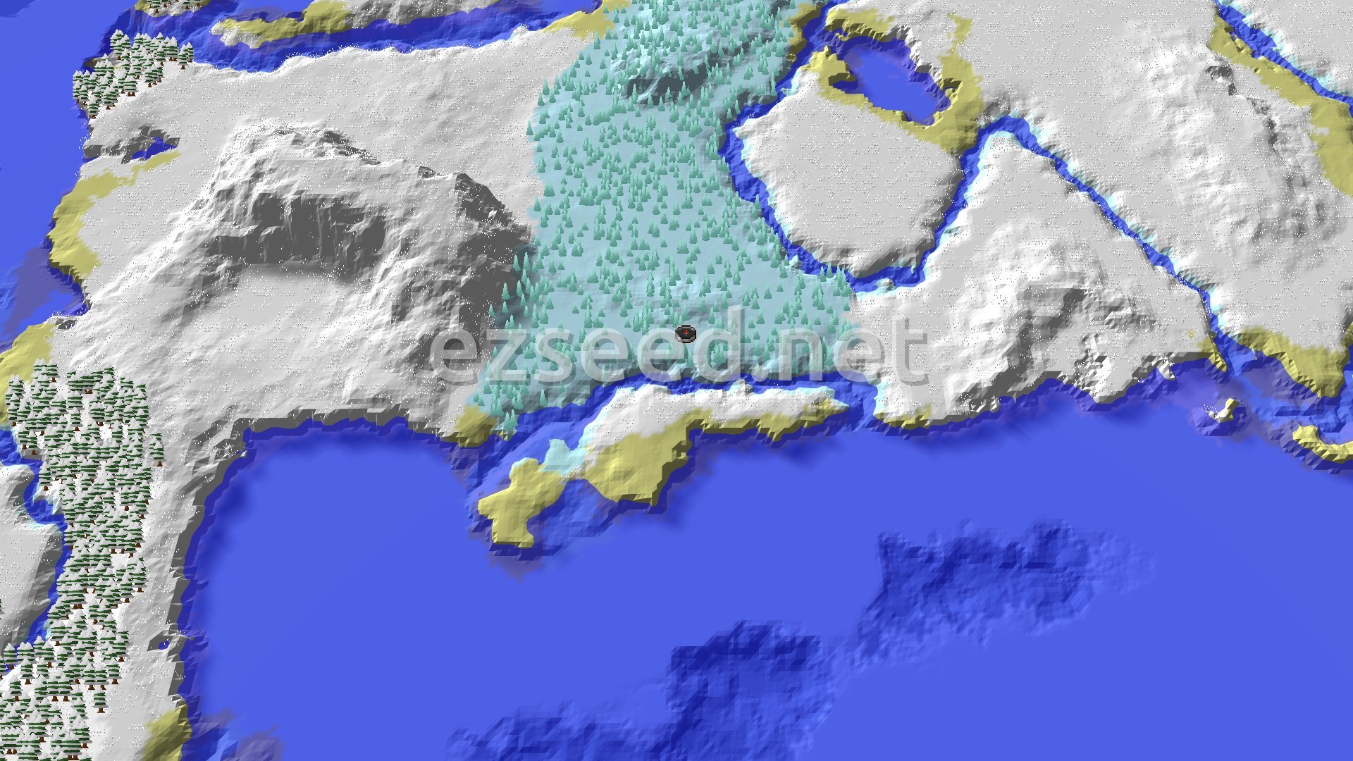 A top-down fly-over of a pale-blue patch of ice spikes at the centre, with snowy plains and grey hills to the west, snowy forests and sandy shores along the edges, and open blue ocean to the south.