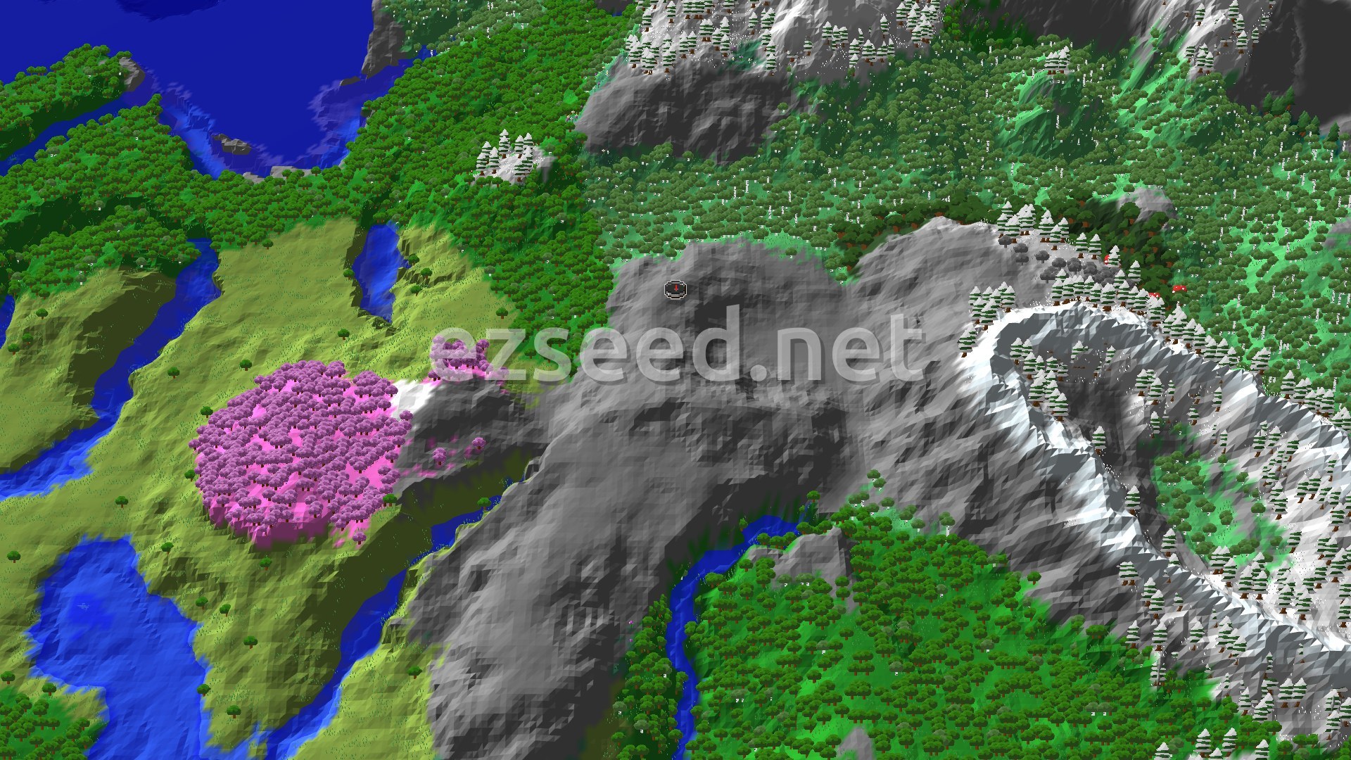 A bare grey rocky meadow at the centre, with a pink cherry grove on a green plateau to the west, dense forest to the north, and snow-streaked ridges and blue water at the edges.