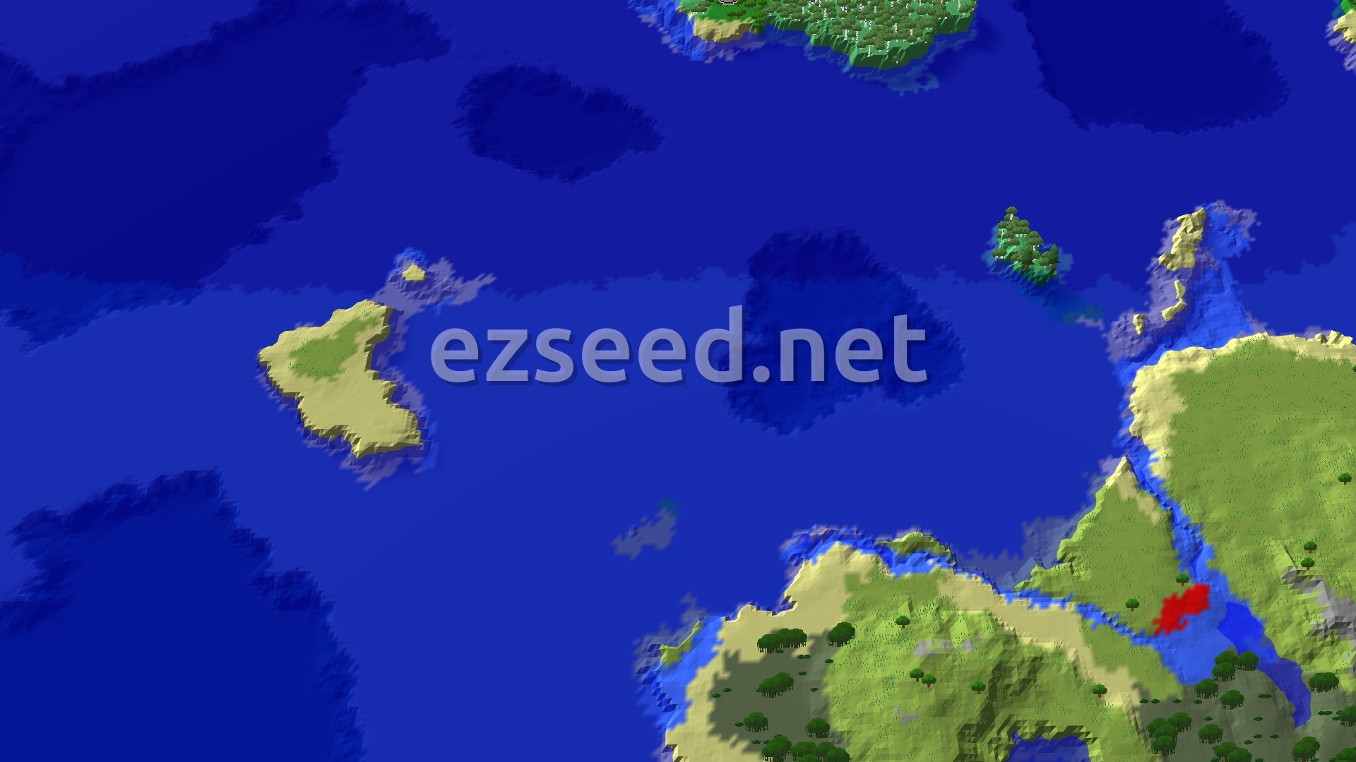 A high fly-over of dark blue ocean with small sandy and forested islets, and larger green landmasses with beaches along the top and bottom right.