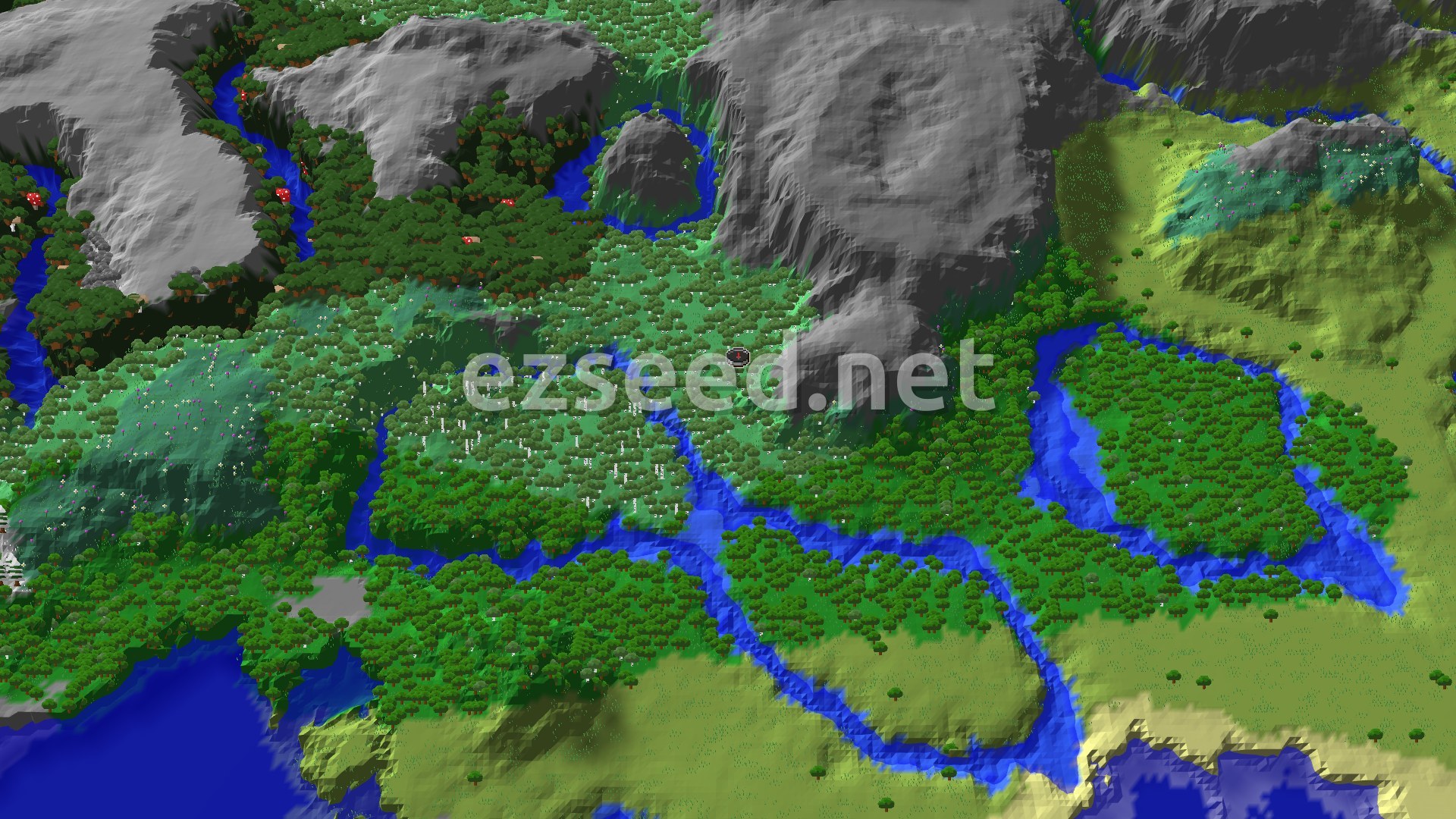 An overhead view of a diverse landscape featuring a central birch forest valley, surrounded by taller mountains and forests, with rivers cutting through the terrain.