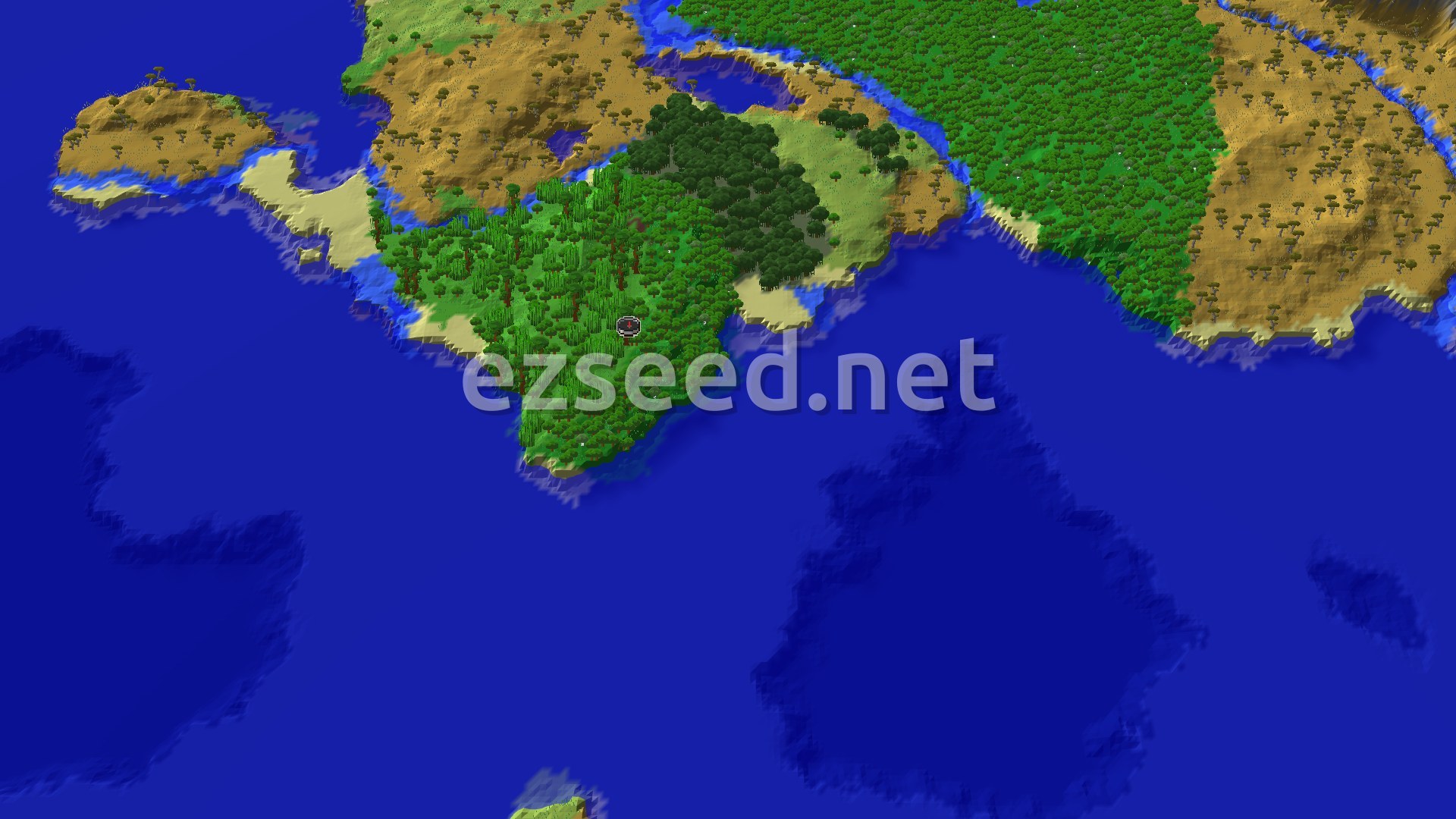A fly-over of a jungle-covered headland jutting into deep blue ocean, with a dark forest and sandy beach to the east and orange savanna hills across the water.