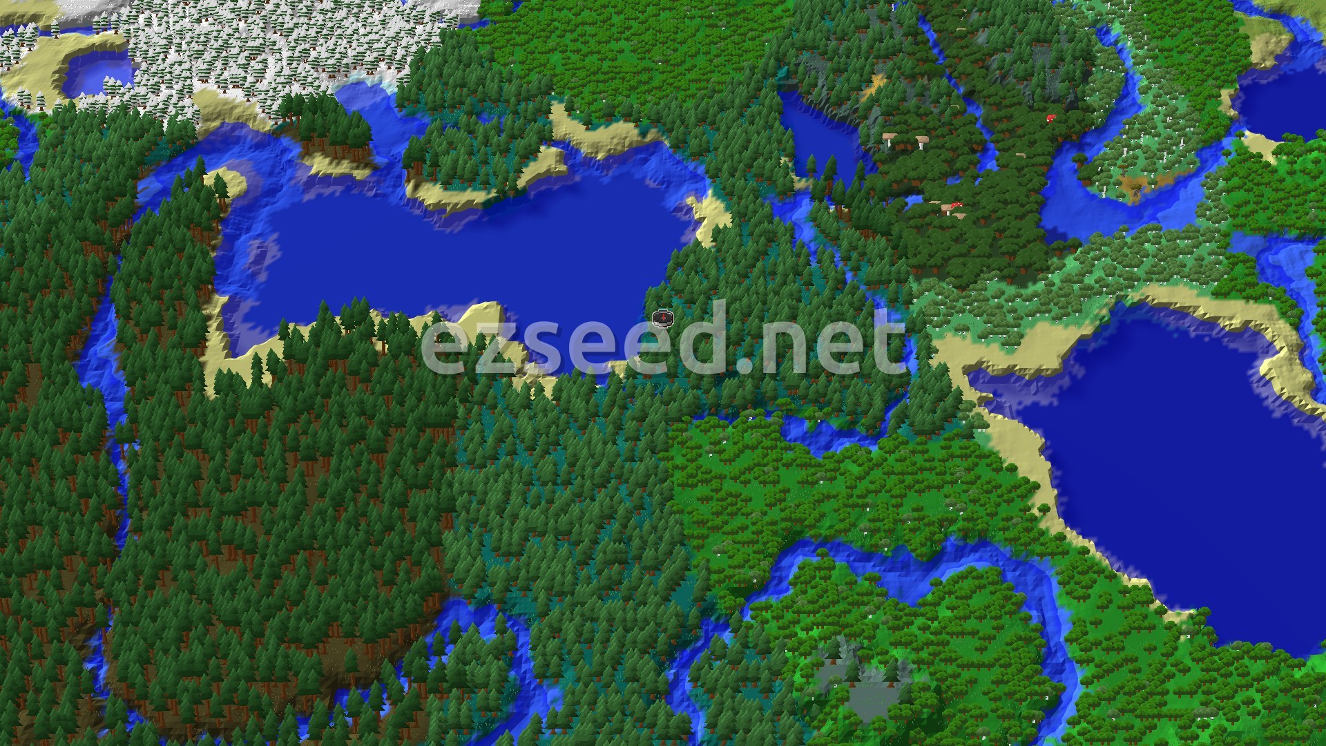 A fly-over of dense spruce forest wrapping around a large blue lake, with sandy shores, a second lake to the east, and snowy trees in the far corner.