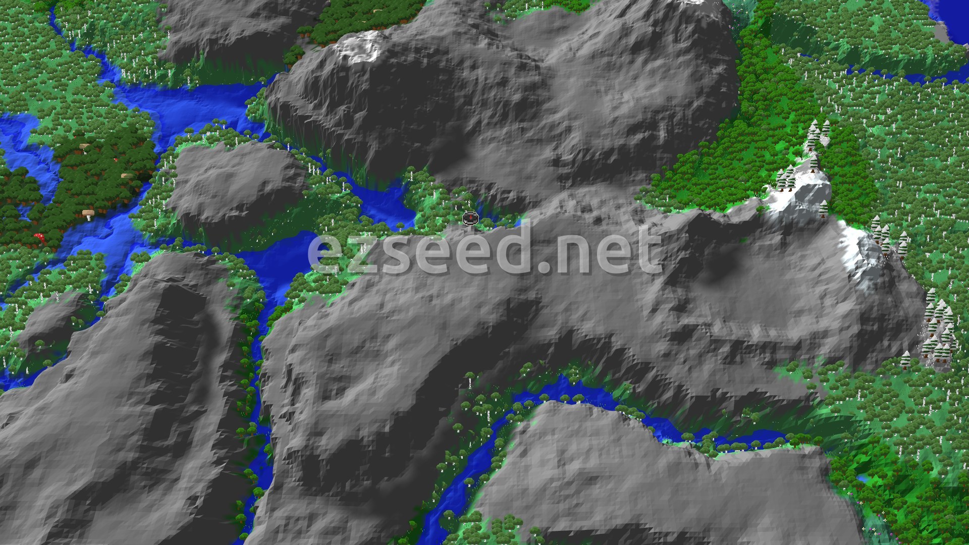 A 3D fly-over of birch forest and winding rivers around spawn, with large grey stone ridges rising between the water and treetops.