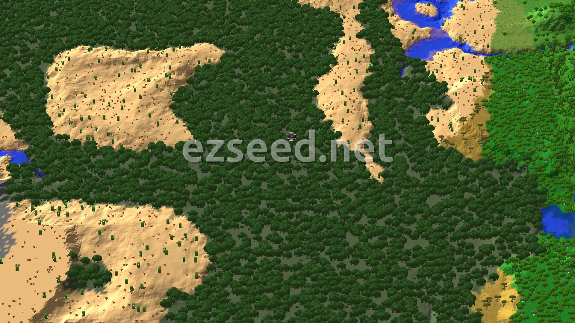 A fly-over of a dense mangrove canopy at the spawn marker, with tan desert patches on both sides and blue water and green forest toward the far corner.