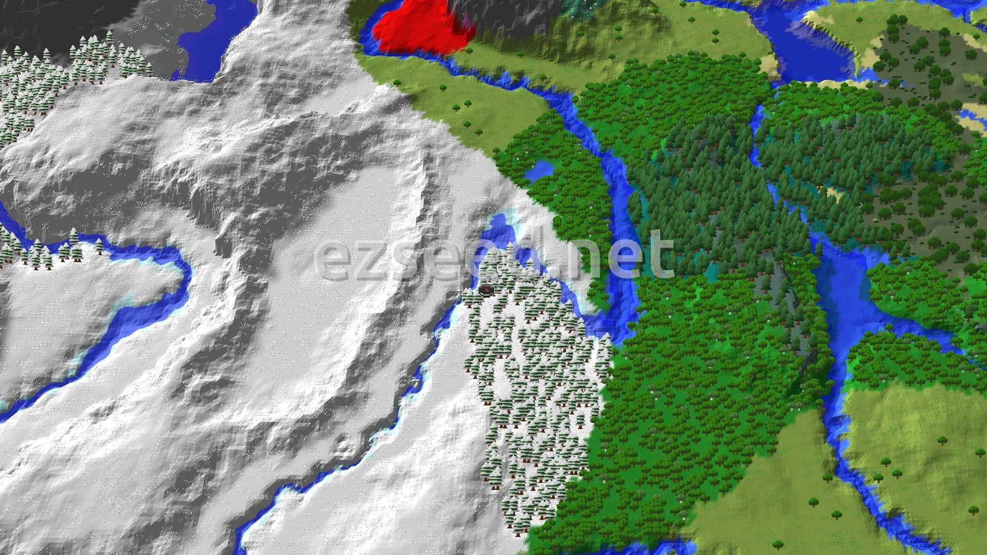 A 3D fly-over of a small stand of snow-dusted spruce on white ground, a frozen river curling beside it and a broad green forest with blue rivers to the east.