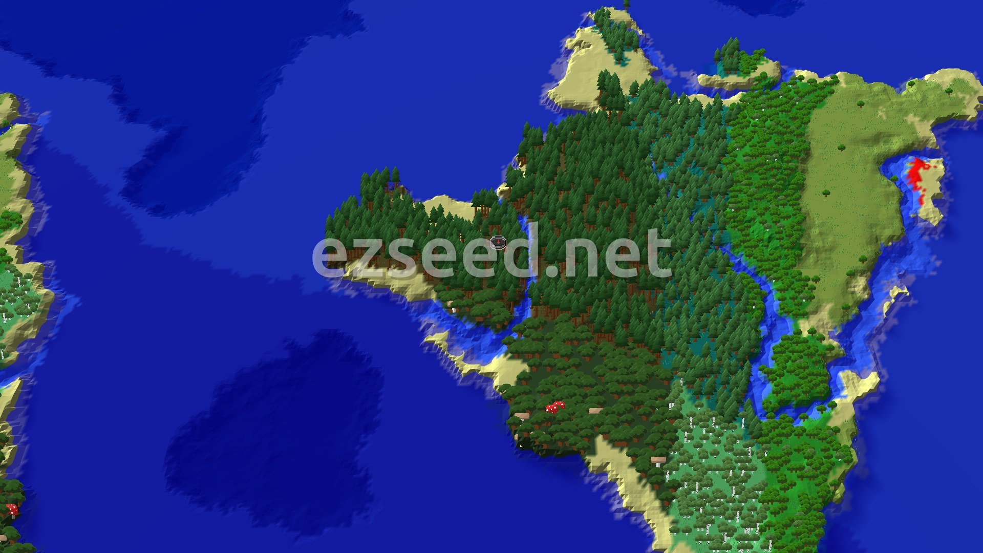 A 3D fly-over view of a large, tree-covered island surrounded by blue ocean, with a small spawn marker at the center.