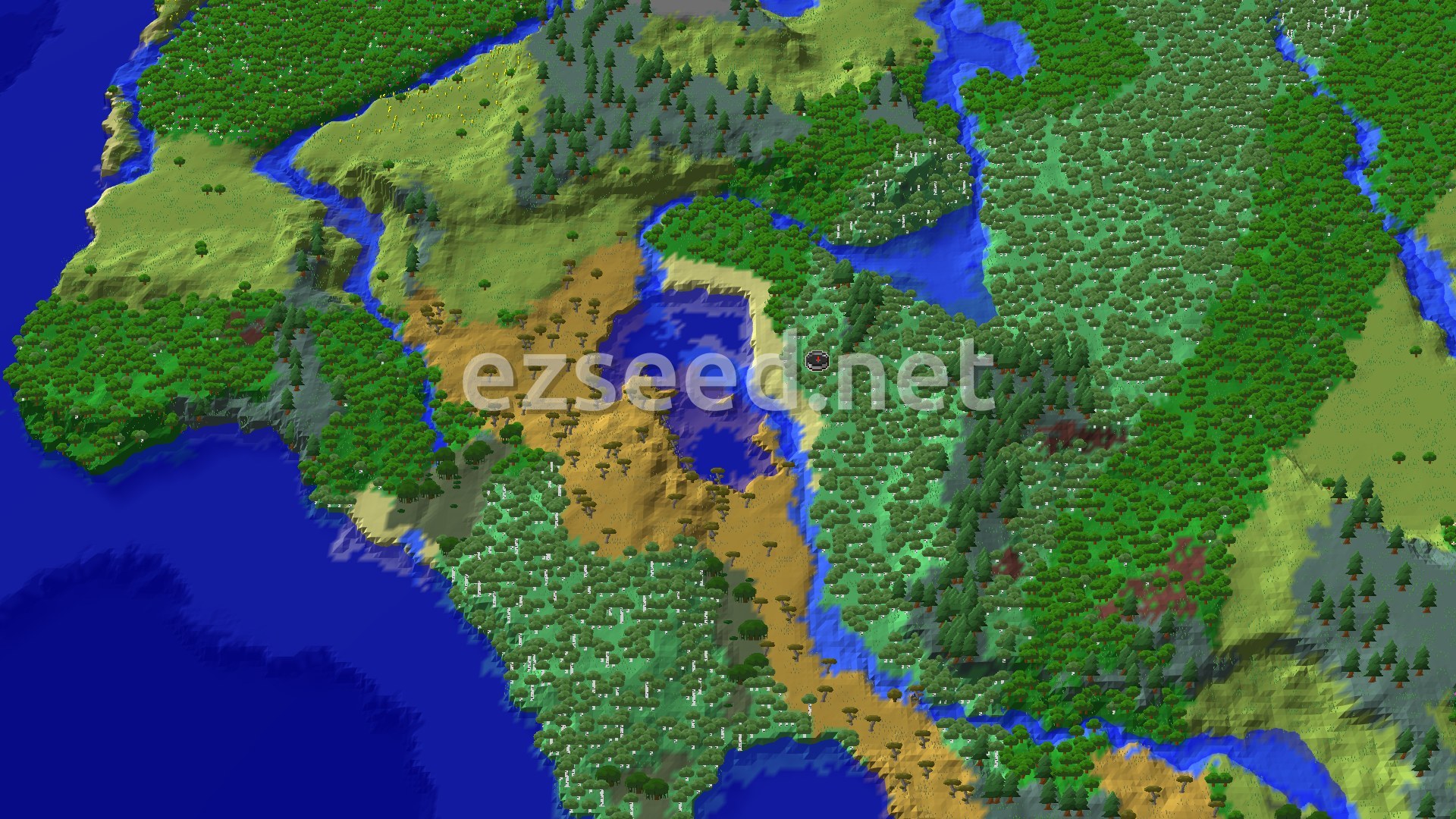A 3D fly-over of birch forest on a river bank, with a tan savanna-covered ridge curving past a blue bay and open ocean to the west.
