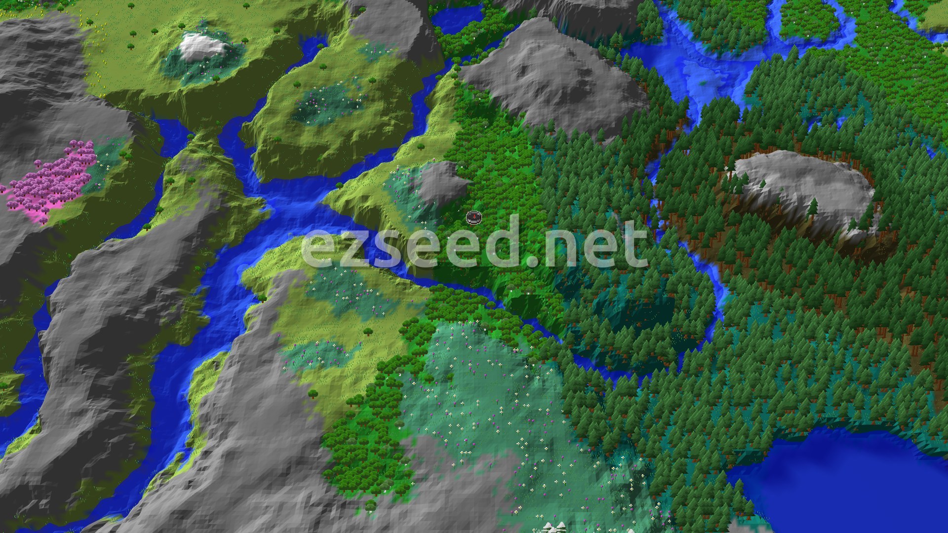 An aerial view of a varied landscape featuring a dense green forest with rivers winding through it, flanked by grey mountains and lighter green plains, with a patch of pink cherry trees visible in the distance.