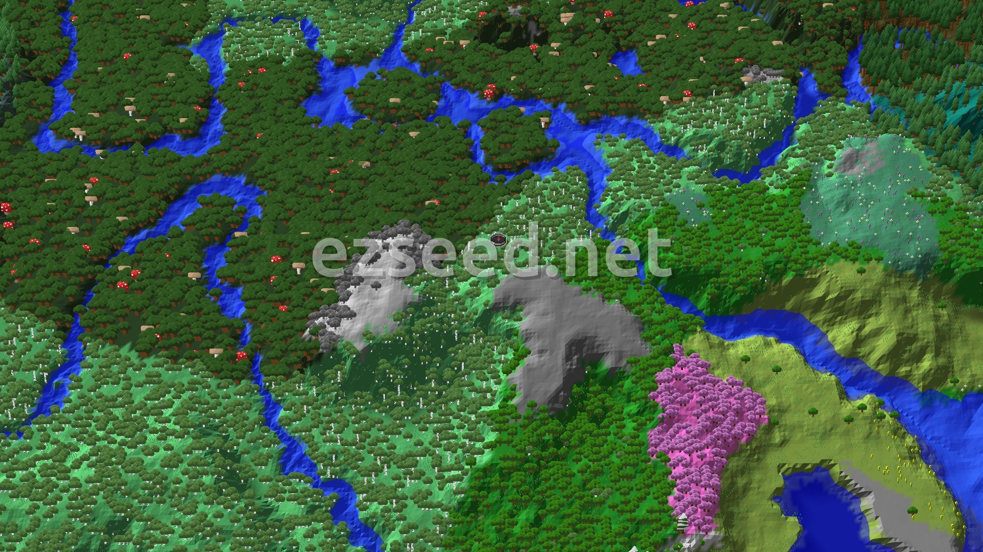 Aerial view of dense birch and dark oak forest cut by winding rivers, with bare grey hills near the centre and a pink cherry grove at the lower right.