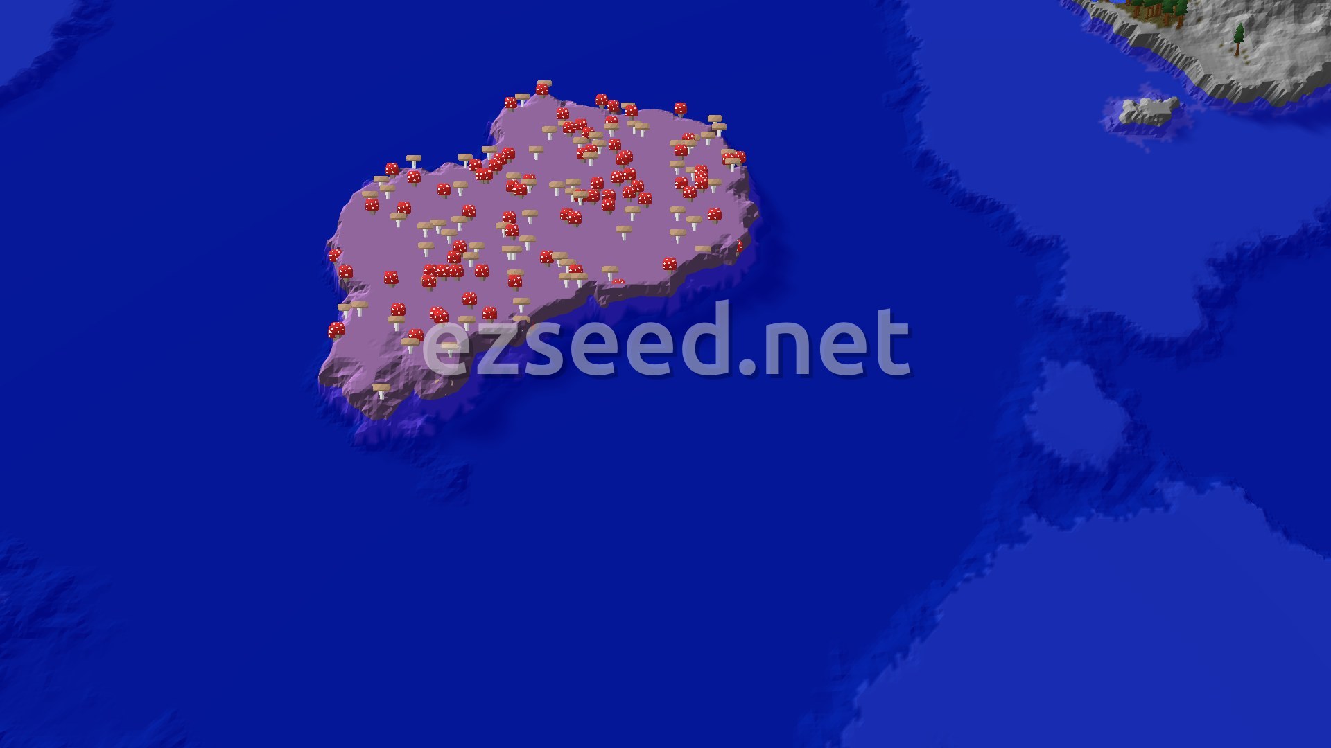 A pink-purple mushroom island with red and brown giant mushrooms sits alone in deep blue ocean, with a grey rocky coast and a few spruce trees in the top right corner.