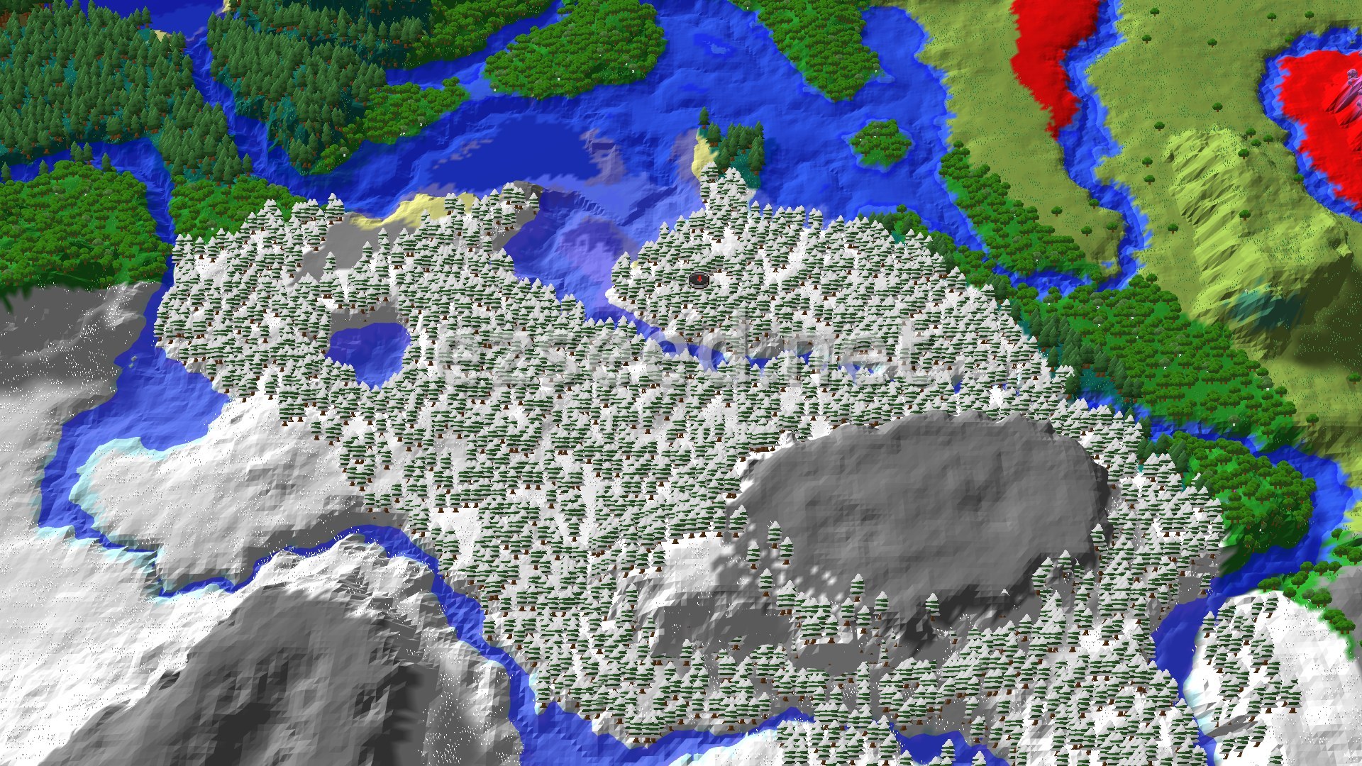 A fly-over of a dense snow-covered spruce forest with frozen water channels, grey stone patches, green forest and open grassland beyond the ridges.