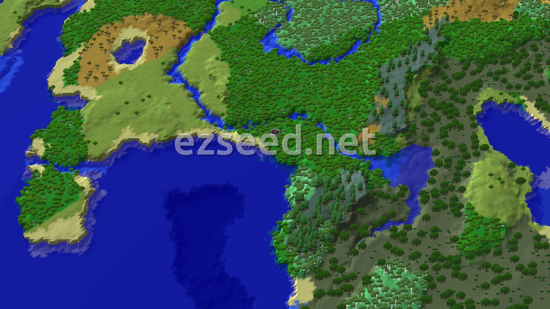 An overhead view of a diverse landscape with dense forests, winding rivers, and patches of savanna. A small spawn marker is visible in a forest biome near a coastline.