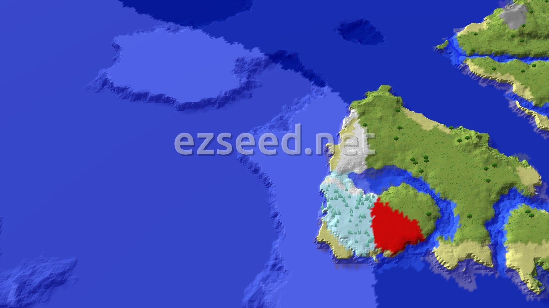 A grassy island with sandy shores sits in a wide cold ocean, with snowy ground and ice-covered pines on the coast beside it and larger green landmasses at the edge.