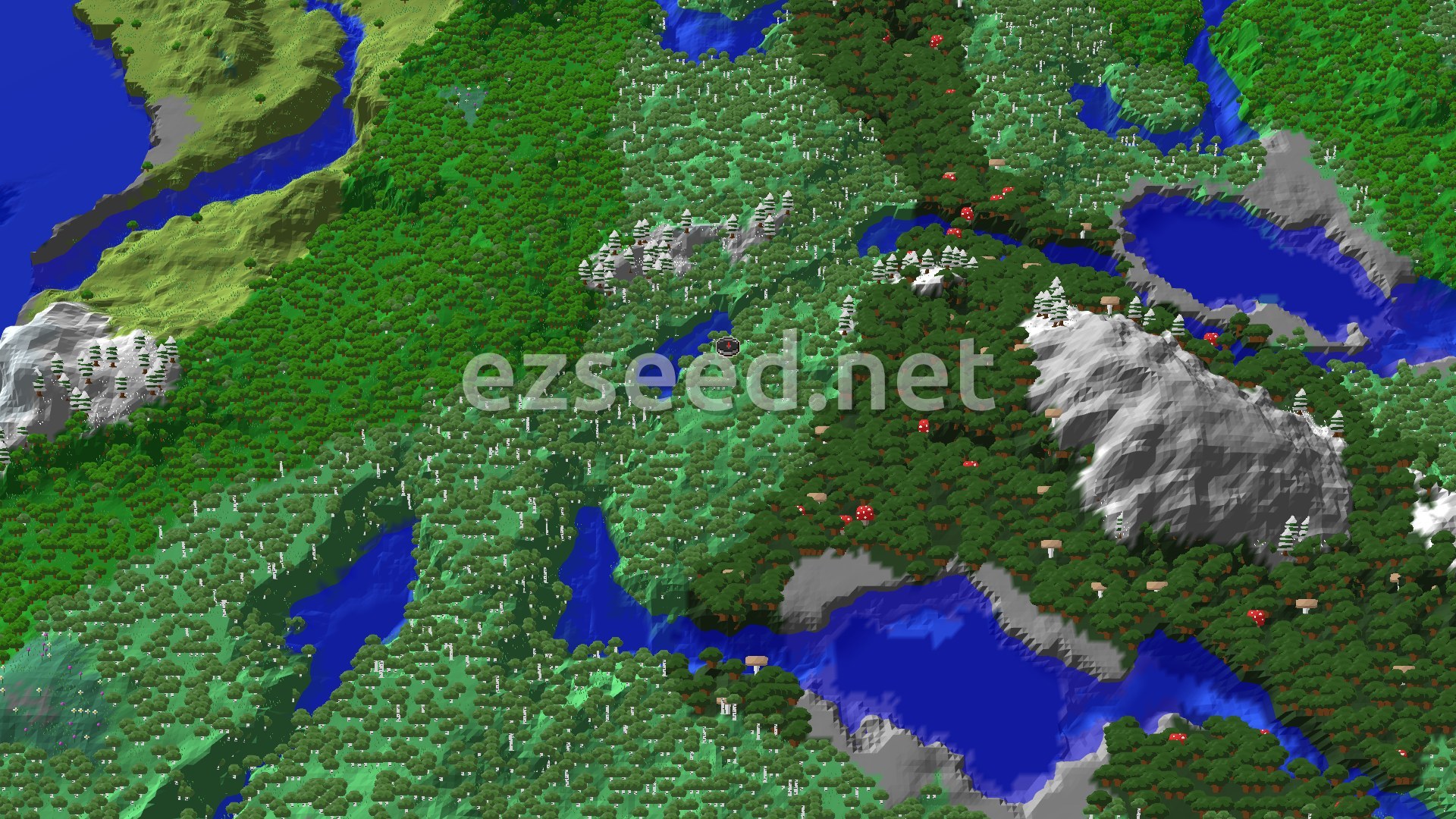 Aerial view of dense birch and dark oak forest in a low basin, with blue lakes, grey rocky ridges and snow-dusted peaks on the edges.