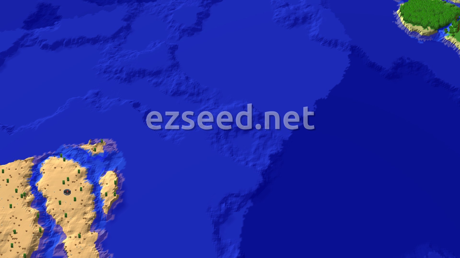 A sandy desert peninsula dotted with cacti and dead bushes, ringed by shallow turquoise water that drops into deep blue ocean, with a small green island in the upper corner.