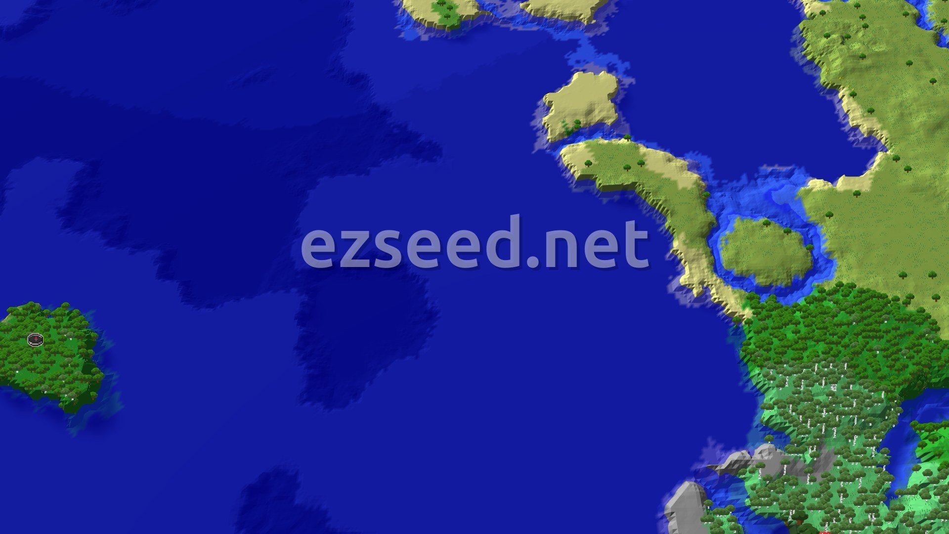 A small, tree-covered island, surrounded by vast blue ocean, with a distant larger landmass on the horizon.