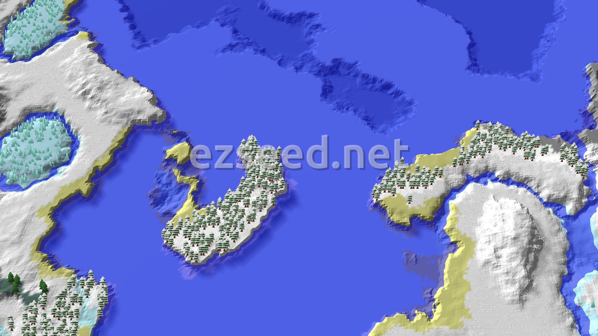 A snowy peninsula with spruce trees and sandy edges sits in a wide frozen ocean, with white hills and ice patches along the shoreline.