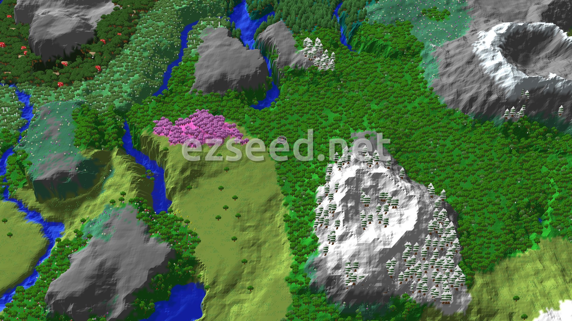 Aerial Minecraft seed map — Cherry Grove and Flower Forest Beside Snowy Peaks