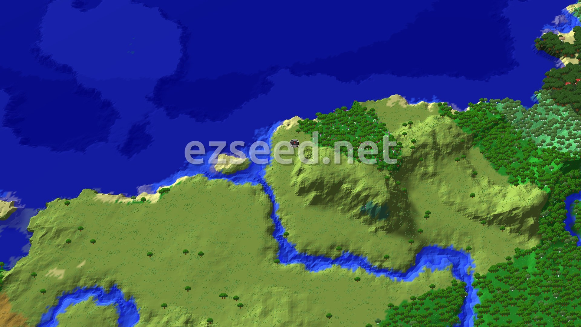 A grassy coastline with open plains and a winding river, a patch of dense flowering woodland on the hillside, and dark ocean stretching across the top of the frame.