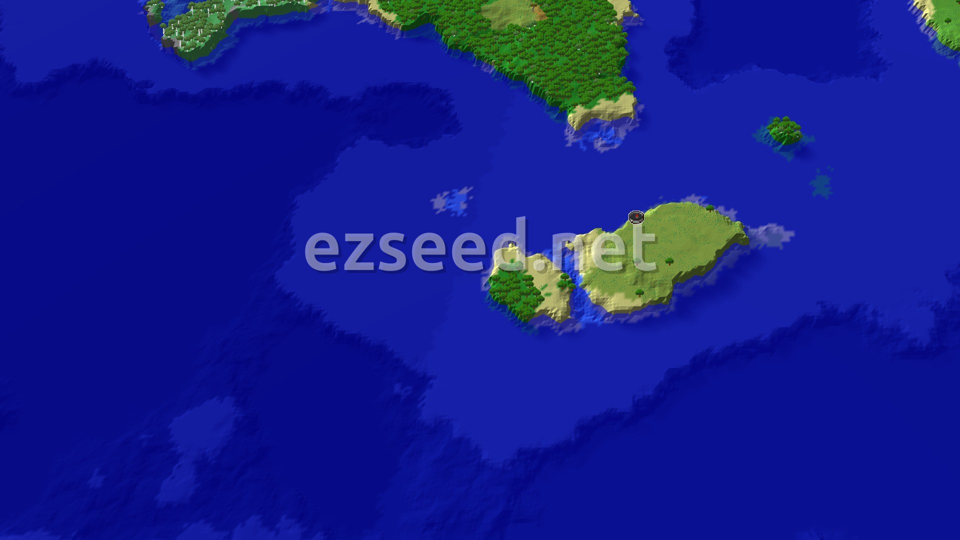 A 3D fly-over shows a medium-sized island in a vast ocean, with a spawn marker in the middle of a grassy plain. Trees dot the edges of the island, and smaller islands are visible in the distance.