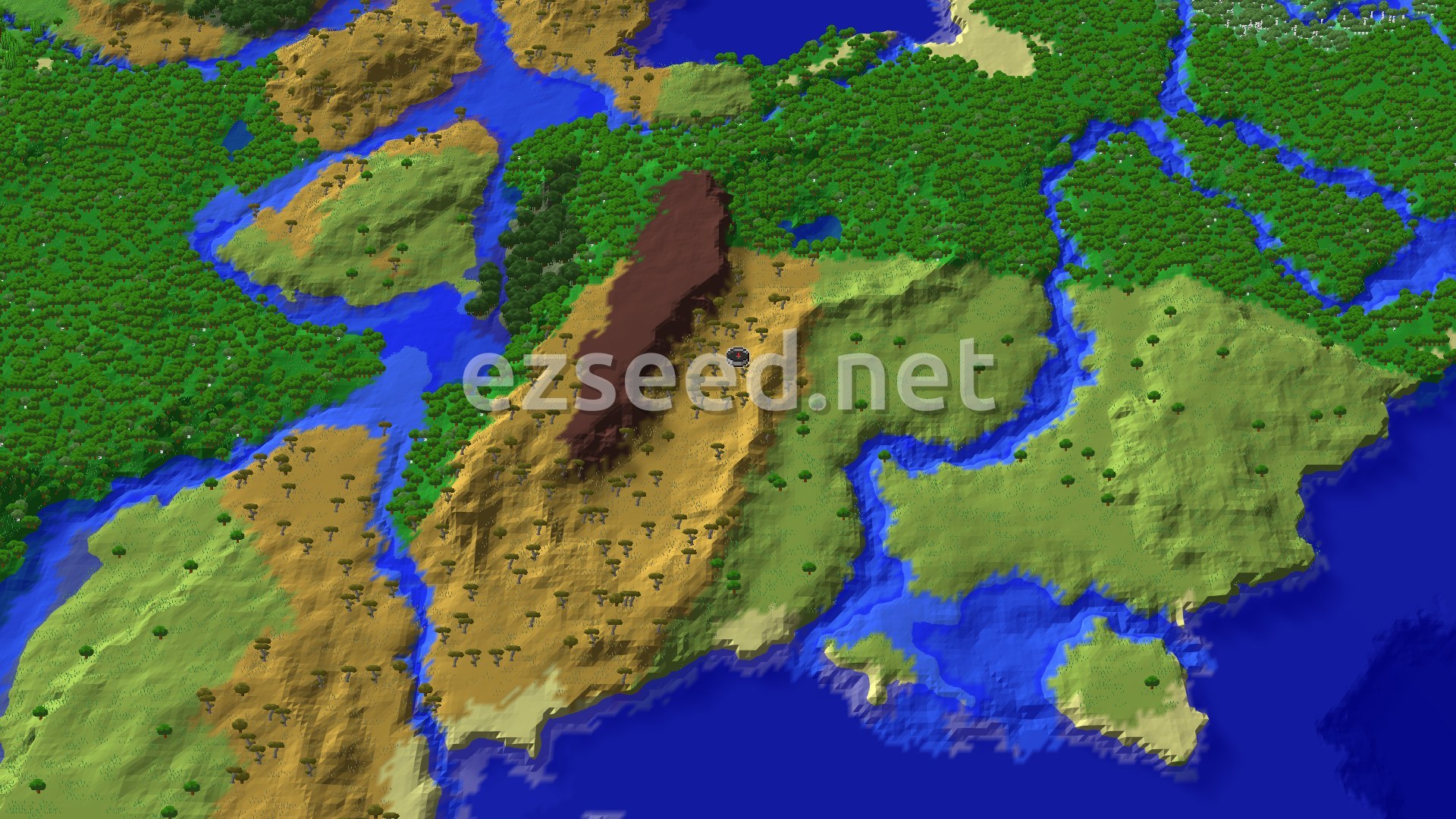 A fly-over of a tan savanna ridge dotted with flat-topped trees, with a dark brown ridge line at its centre, rivers, green forest to the north and open ocean to the south.