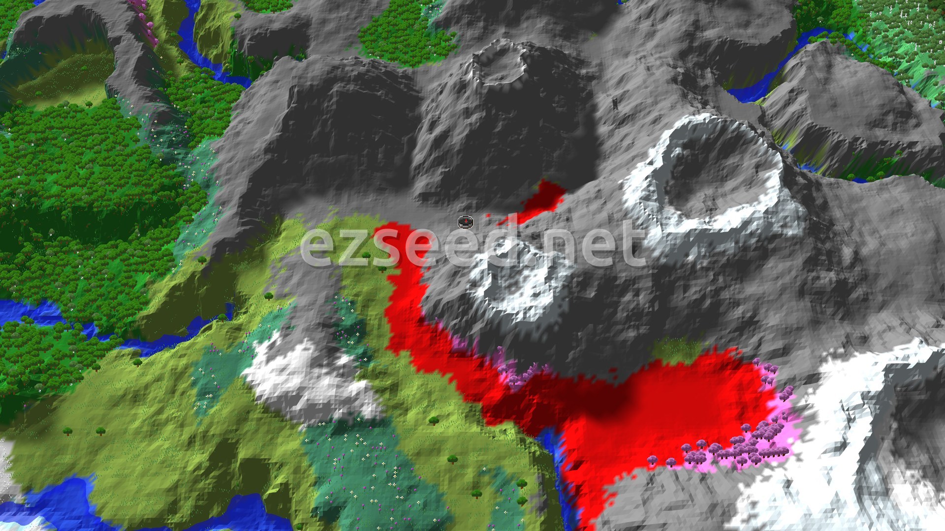 A 3D fly-over of grey rocky peaks with snow-capped rims, green forest and pale meadow on the western side, a pink cherry grove patch to the south-east and thin blue rivers between the hills.