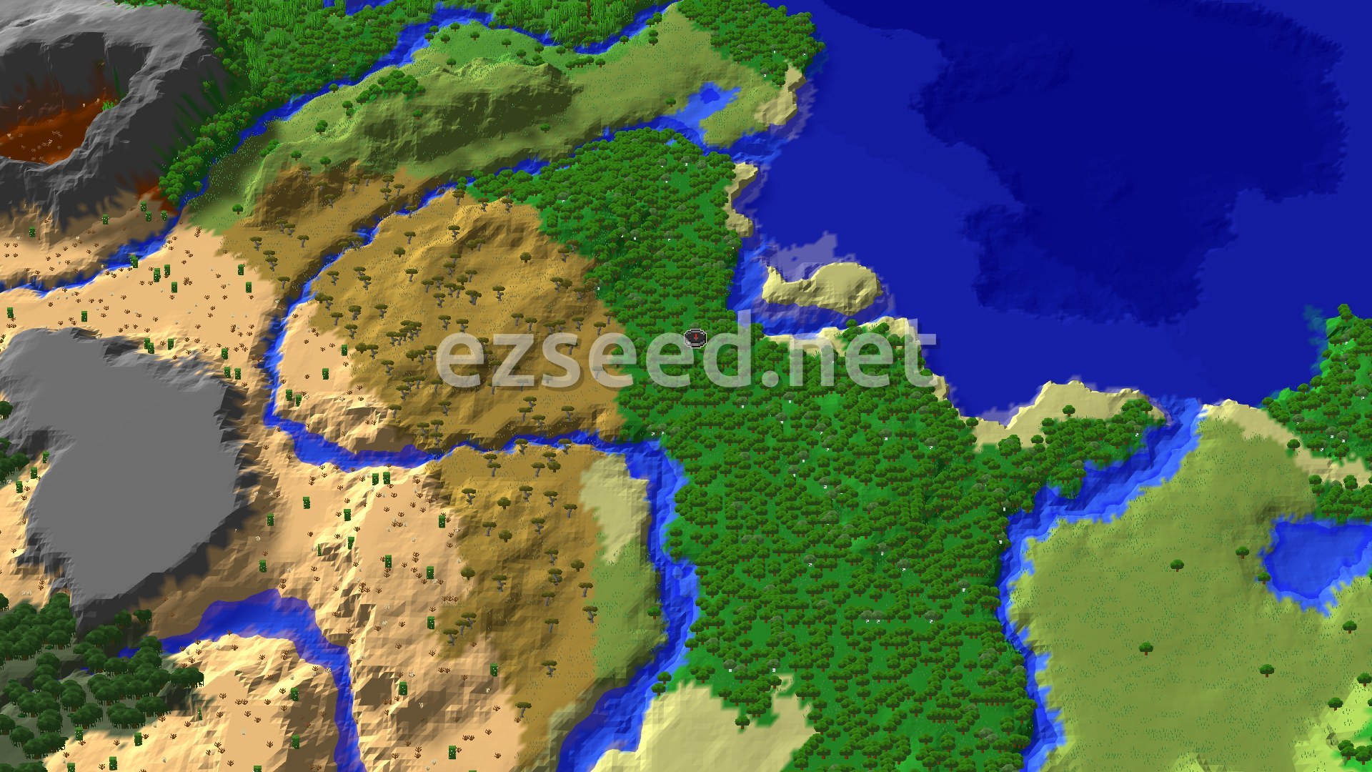 Aerial Minecraft seed map — Desert Pyramid with Ocean Monument