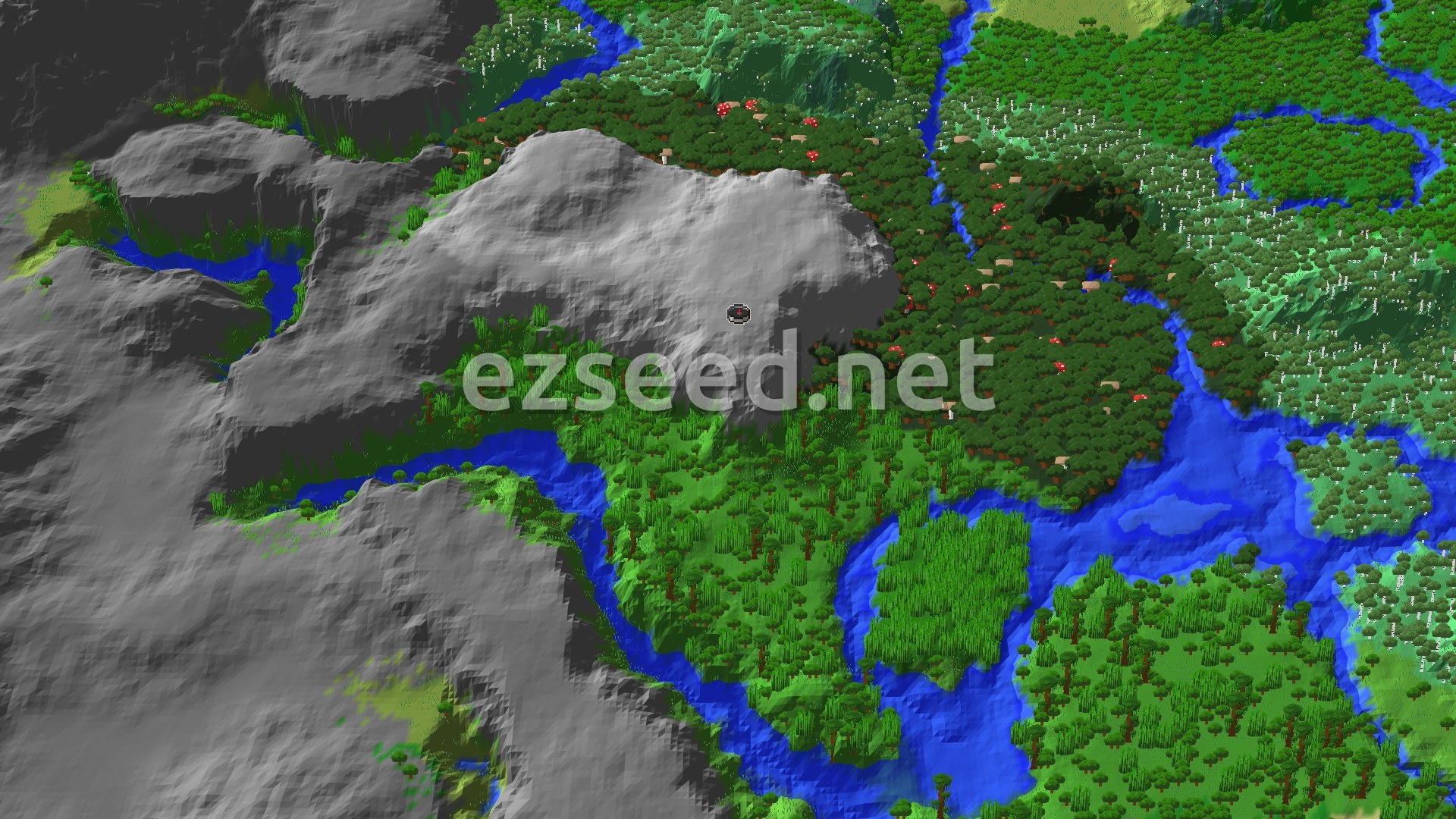 A grey rocky hilltop with the spawn marker, jungle trees on its slopes, dark forest with red mushrooms to the east, and rivers winding between wooded hills.