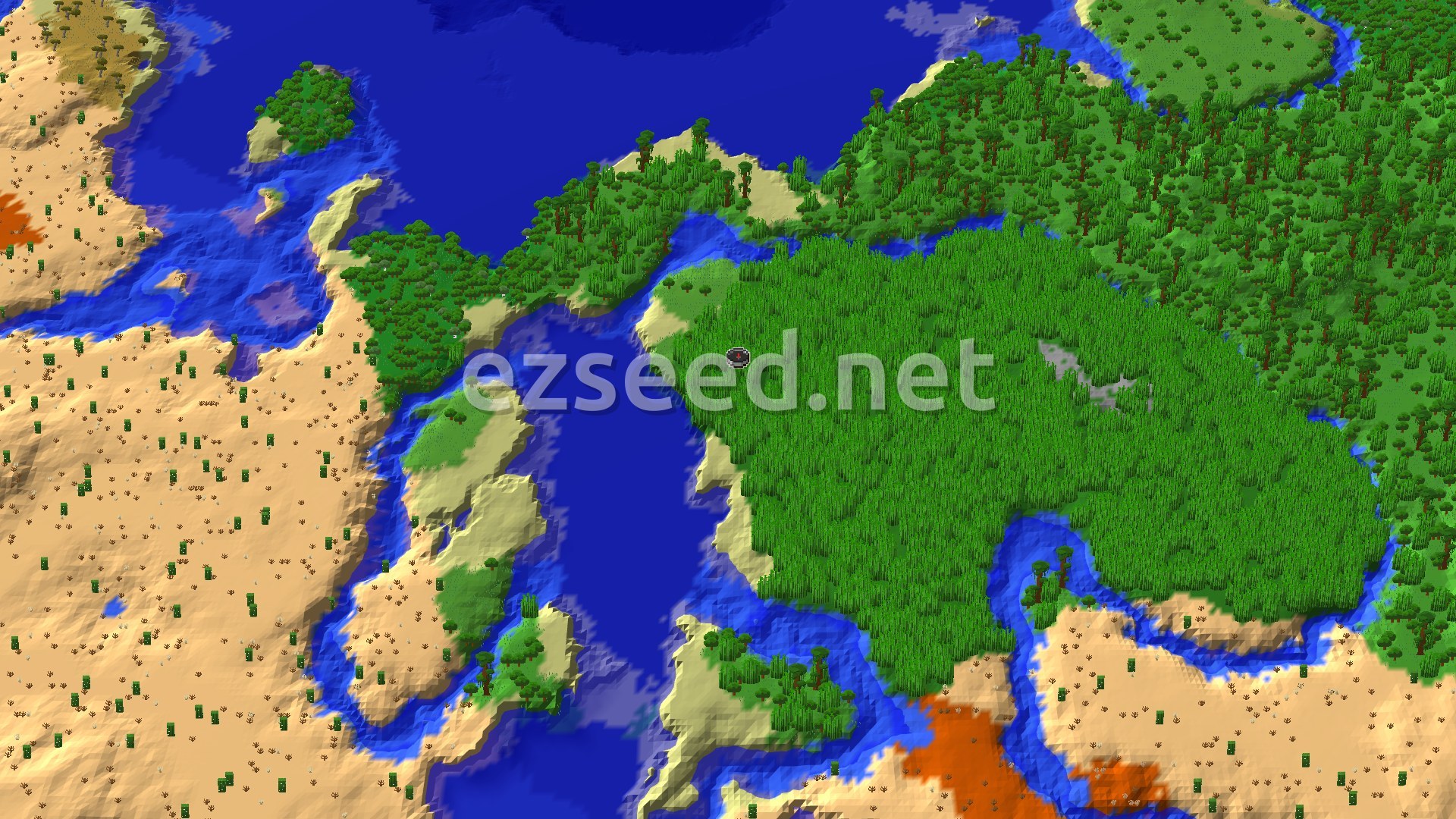 A dense bamboo jungle spreads across a headland, with jungle forest to the east, a blue bay to the west and desert with red badlands patches beyond the water.