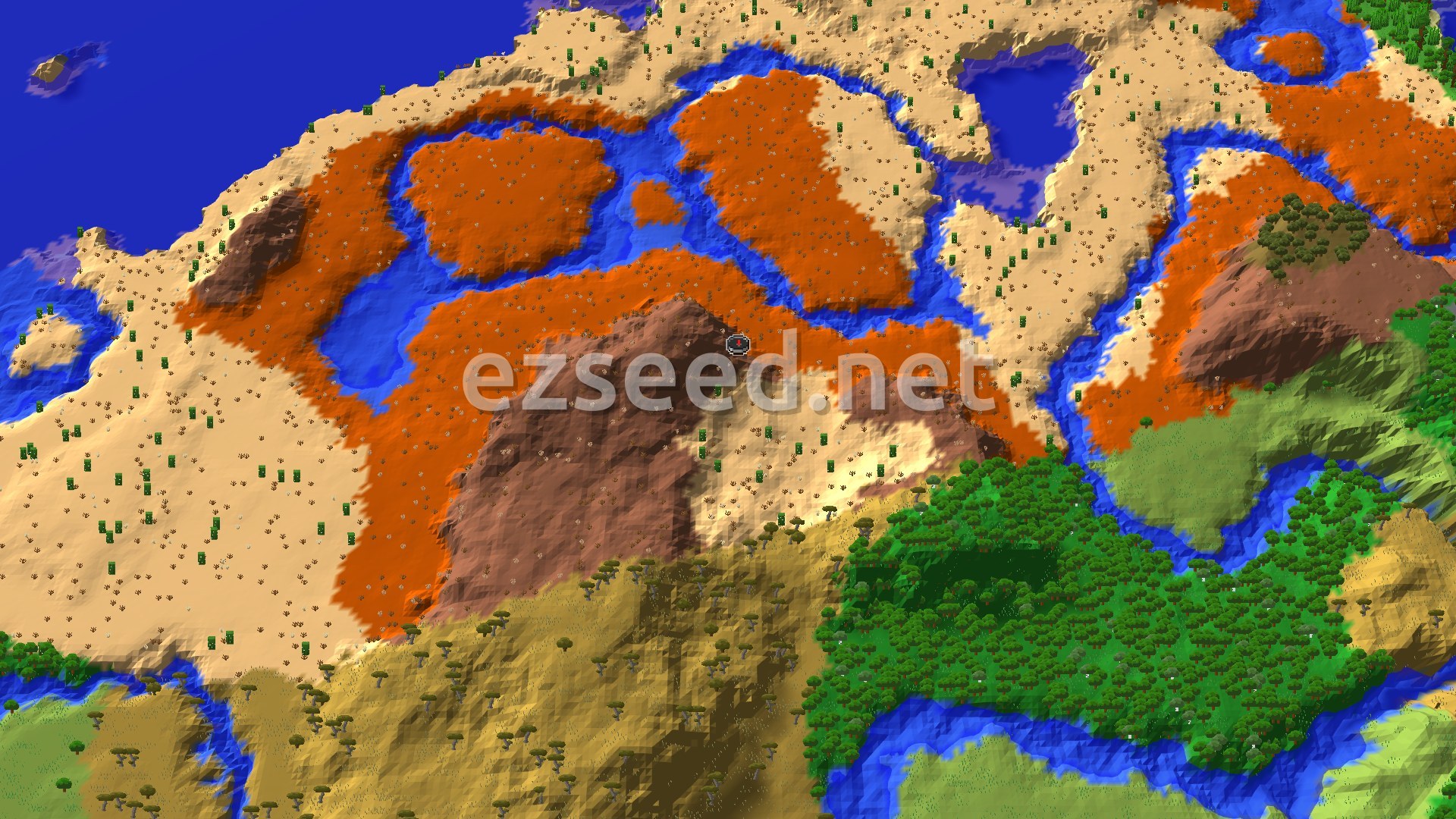A 3D fly-over of orange badlands and pale desert split by winding blue rivers, with a green forest and savanna to the south and open ocean in the corners.