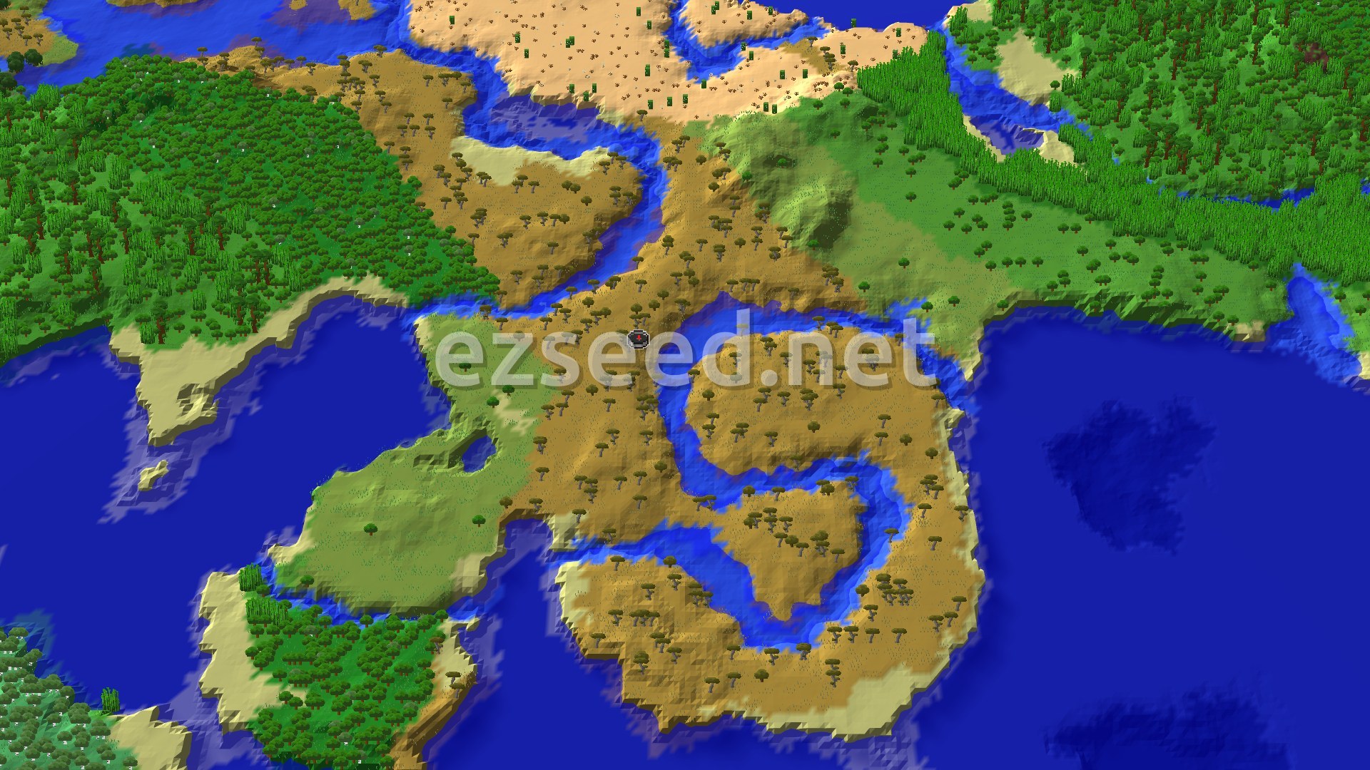 Aerial Minecraft seed map — Coastal Village on a Savanna and River Coastline