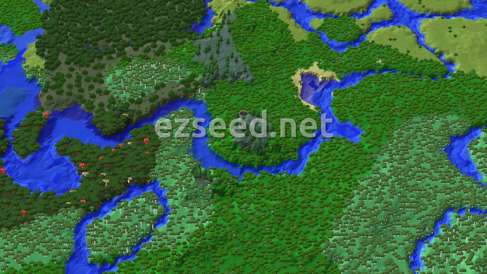 Aerial view of a rounded green hill with a stony patch at its centre, ringed by river channels, dense forest and pale birch woods, with dark forest on the left and flatter grassland at the top right.