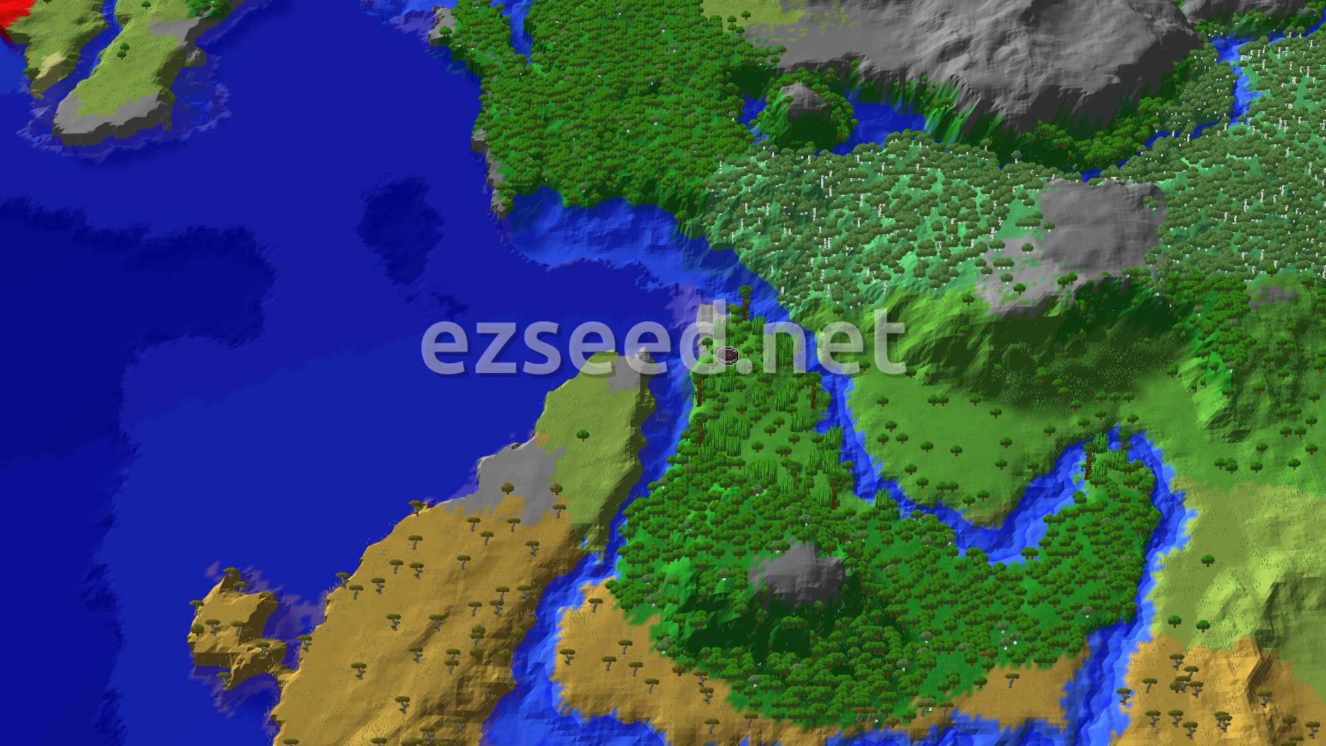 A jungle-covered headland with the spawn marker near its northern tip, deep blue ocean to the west, tan savanna ridges to the south, and birch forest and grey stone hills to the north and east.